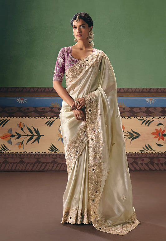 Monjolika Fashion Cream Fancy Fabric Embroidered Saree