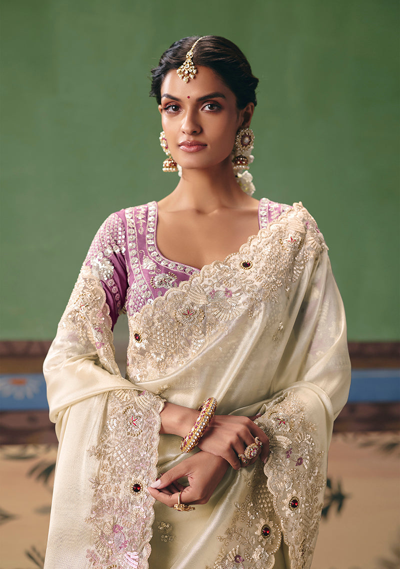 Monjolika Fashion Cream Fancy Fabric Embroidered Saree