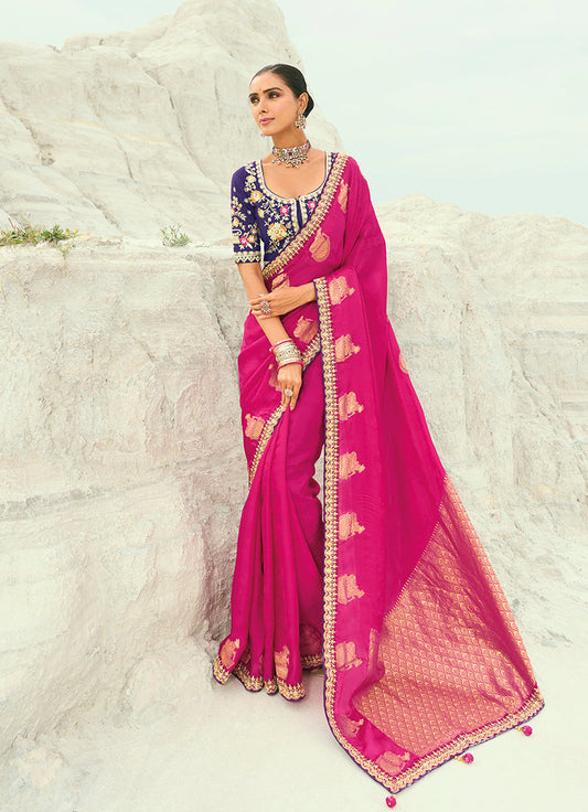 Monjolika Fashion Organza Viscose Satin Embroidered Rani Pink Saree