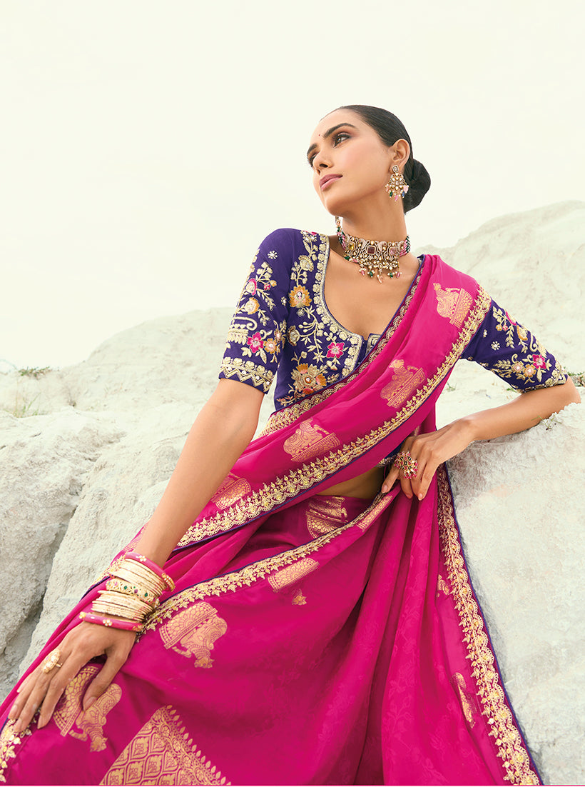 Monjolika Fashion Organza Viscose Satin Embroidered Rani Pink Saree