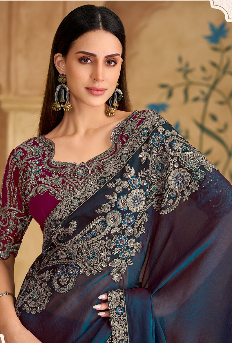 Monjolika Fashion Embroidered Faux Georgette Navy Blue Saree