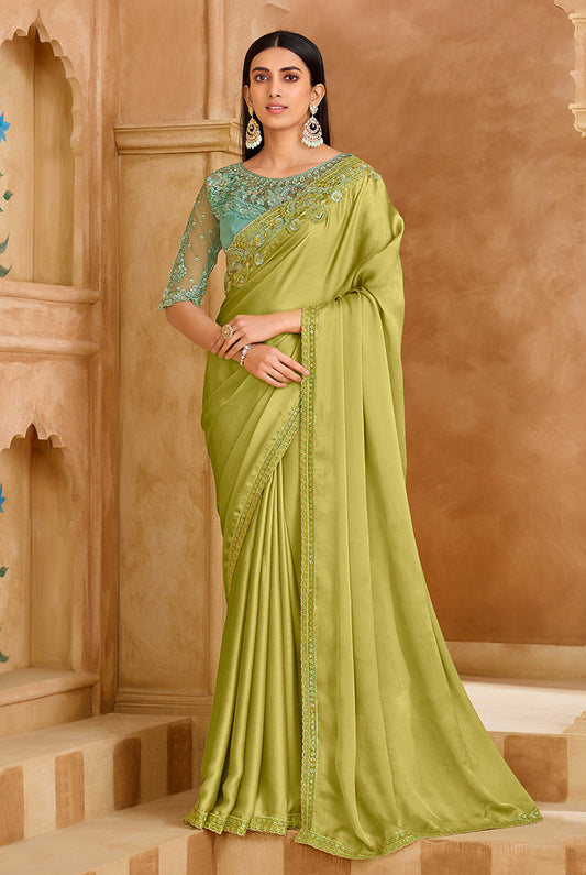 Monjolika Fashion Embroidered Faux Chiffon Satin Light Green Saree