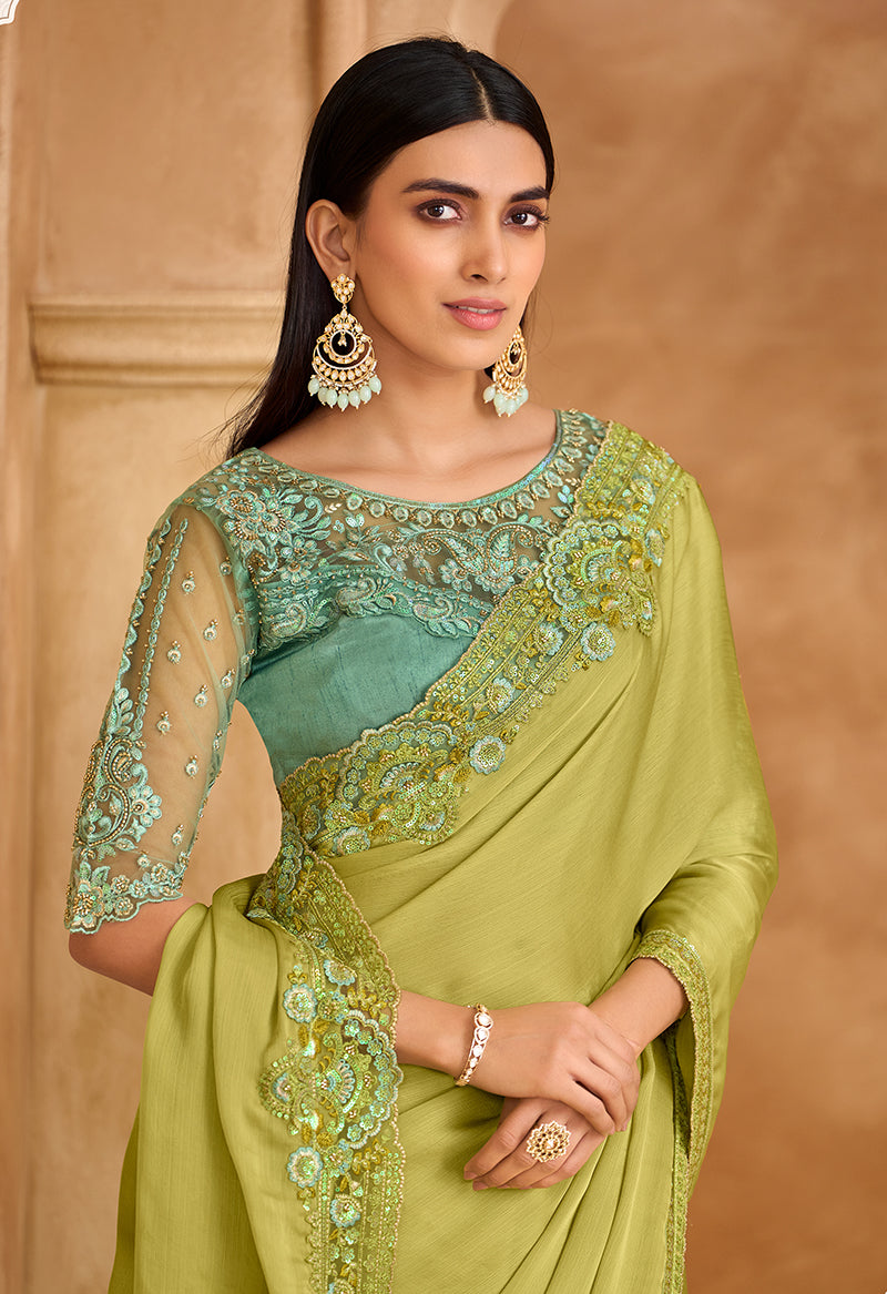 Monjolika Fashion Embroidered Faux Chiffon Satin Light Green Saree