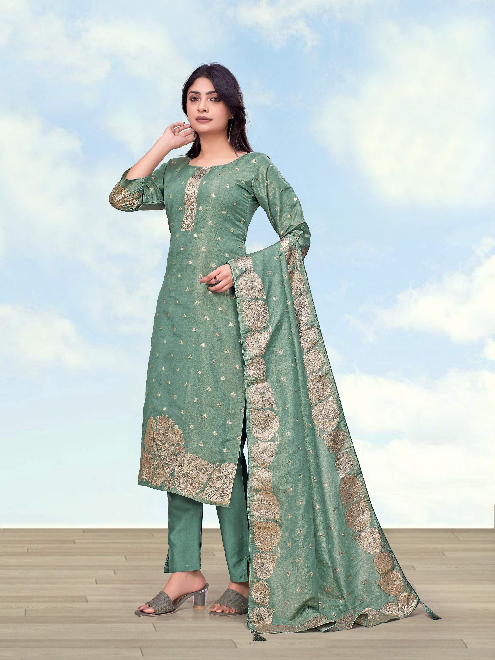 Monjolika Fashion Sea Green Simar Dyeable Print Straight Kurti Set