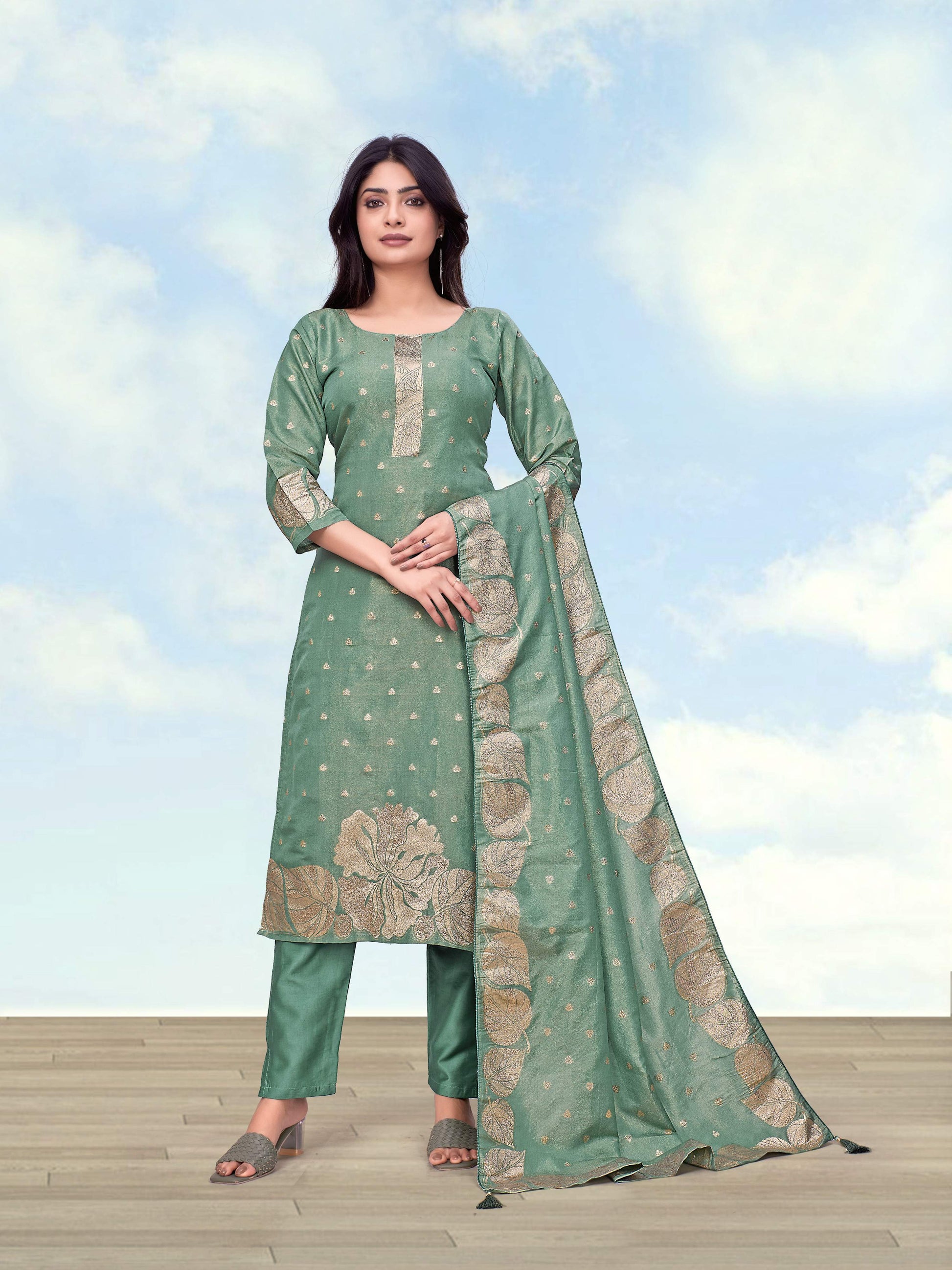 Monjolika Fashion Sea Green Simar Dyeable Print Straight Kurti Set