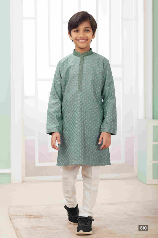 Raivat Ethnic Art Silk Embroidery Work Kids Kurta Pajama In Green Colour