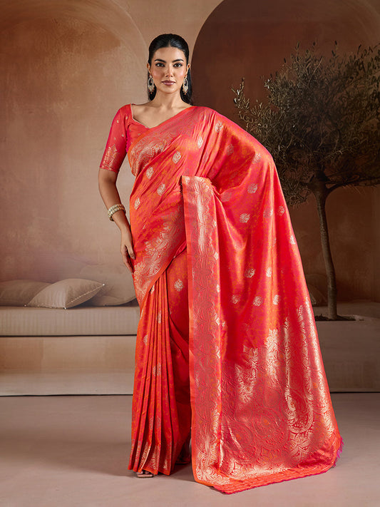 Monjolika Fashion Salmon Handloom Weaving Silk Blend Saree