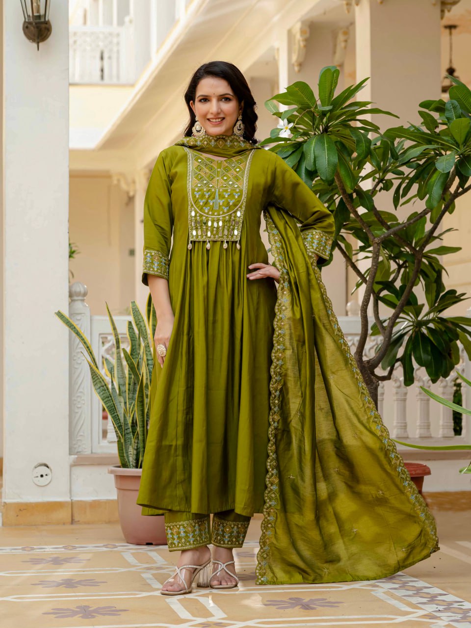 Pramukh Fab Olive Color Roman Silk Kurta Set