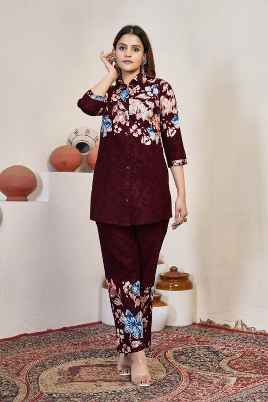 Pramukh Fab Maroon Color Cotton Co-ord Set