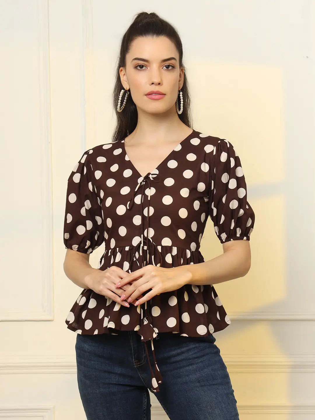 Yufta Brown Cotton Polka Dot Brown Tie Up Peplum Top  Grab2Buy Yufta Grab2Buy