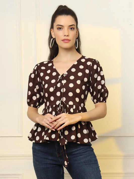 Yufta Brown Cotton Polka Dot Brown Tie Up Peplum Top  Grab2Buy Yufta Grab2Buy