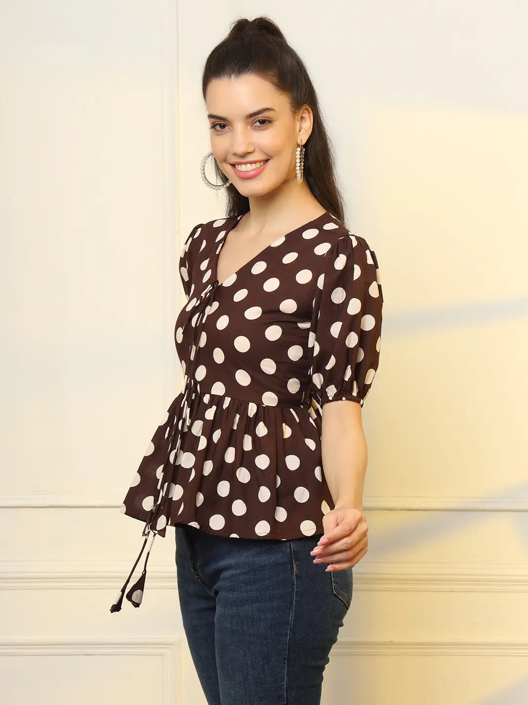 Yufta Brown Cotton Polka Dot Brown Tie Up Peplum Top  Grab2Buy Yufta Grab2Buy
