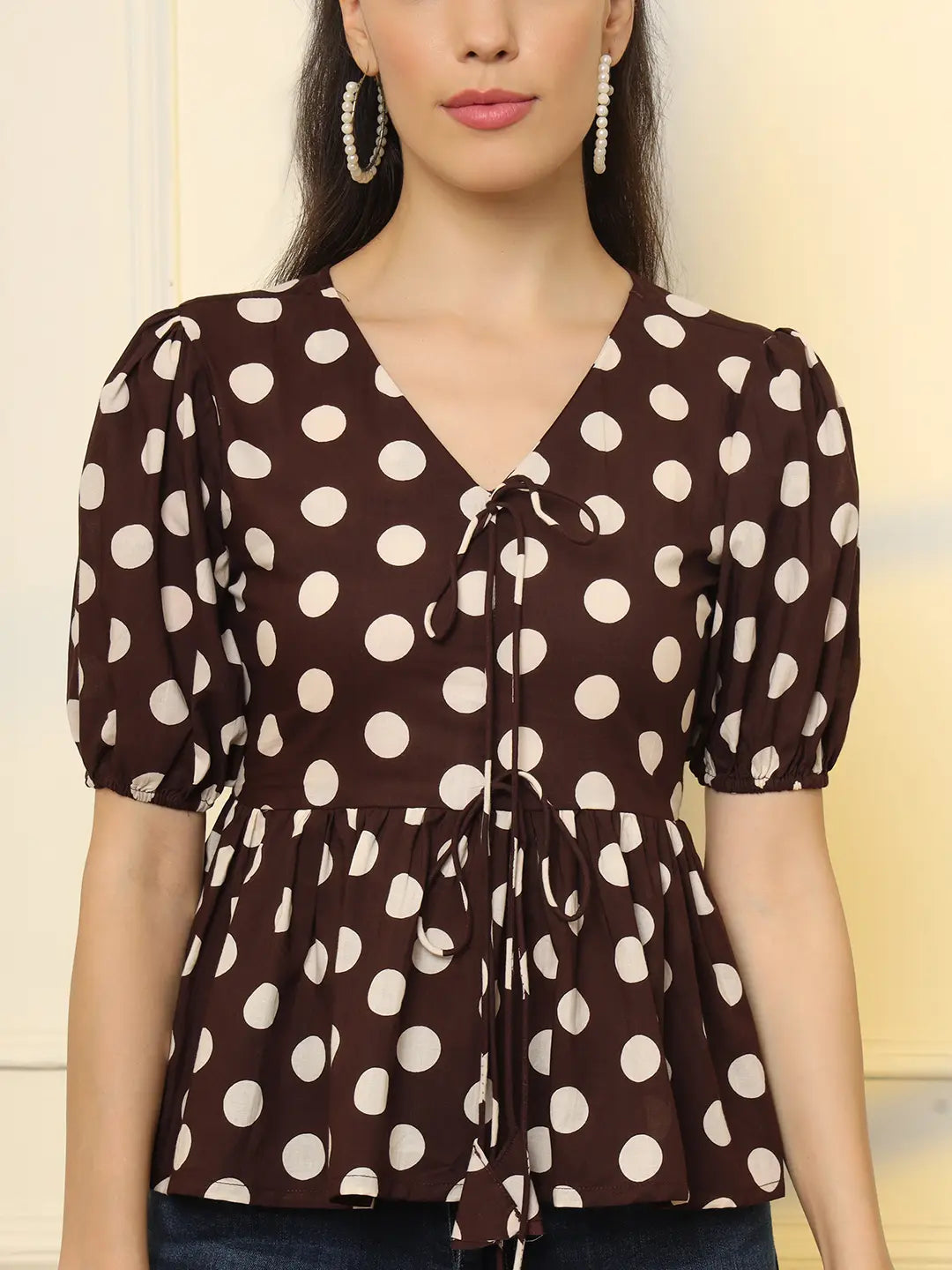 Yufta Brown Cotton Polka Dot Brown Tie Up Peplum Top  Grab2Buy Yufta Grab2Buy