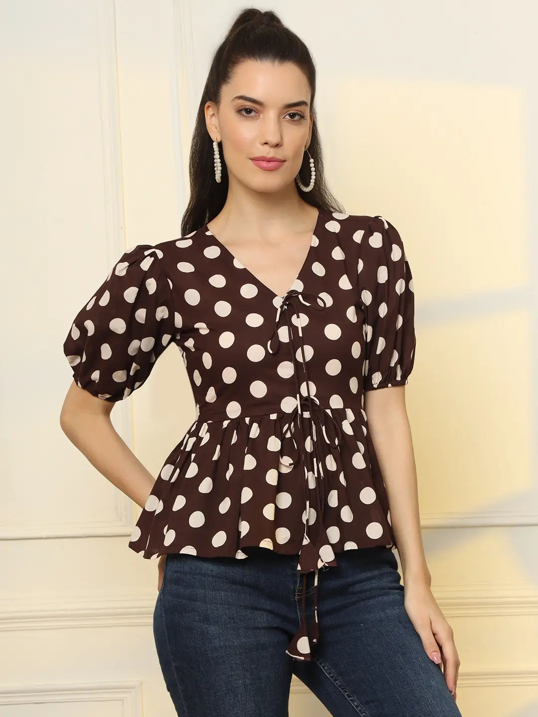 Yufta Brown Cotton Polka Dot Brown Tie Up Peplum Top  Grab2Buy Yufta Grab2Buy