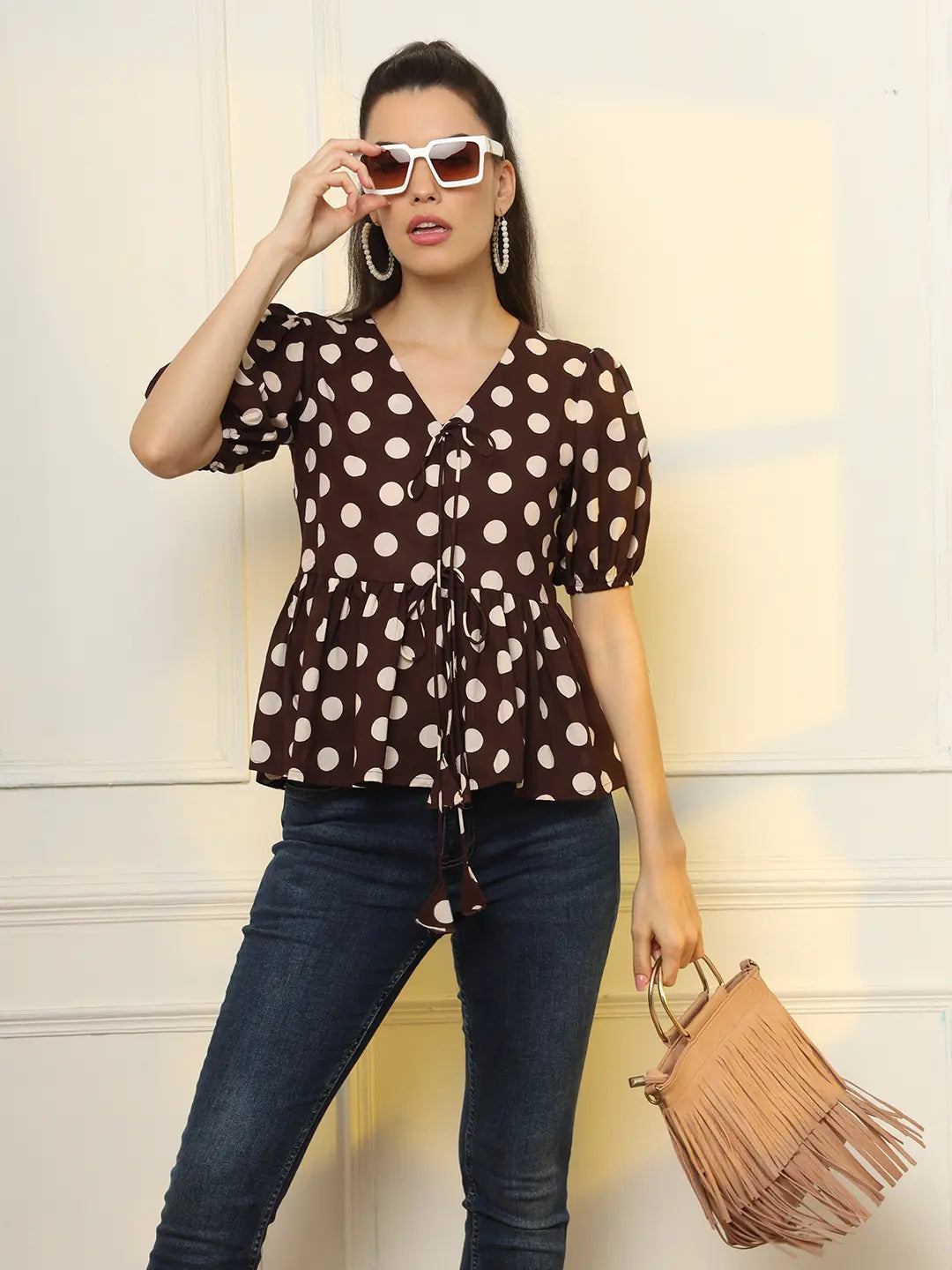 Yufta Brown Cotton Polka Dot Brown Tie Up Peplum Top  Grab2Buy Yufta Grab2Buy