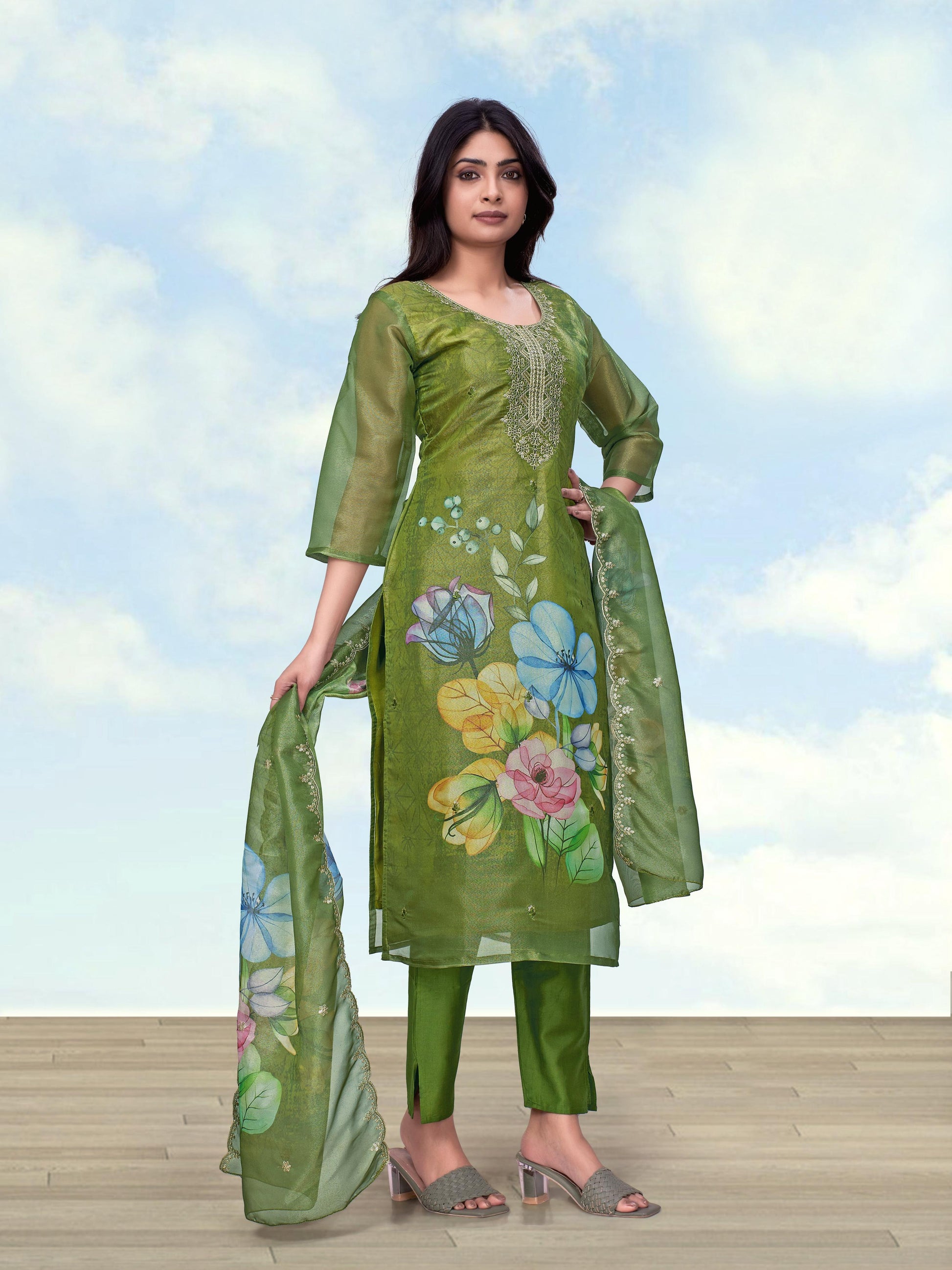 Monjolika Fashion Mehendi Green Simar Kurta Set With Floral Print