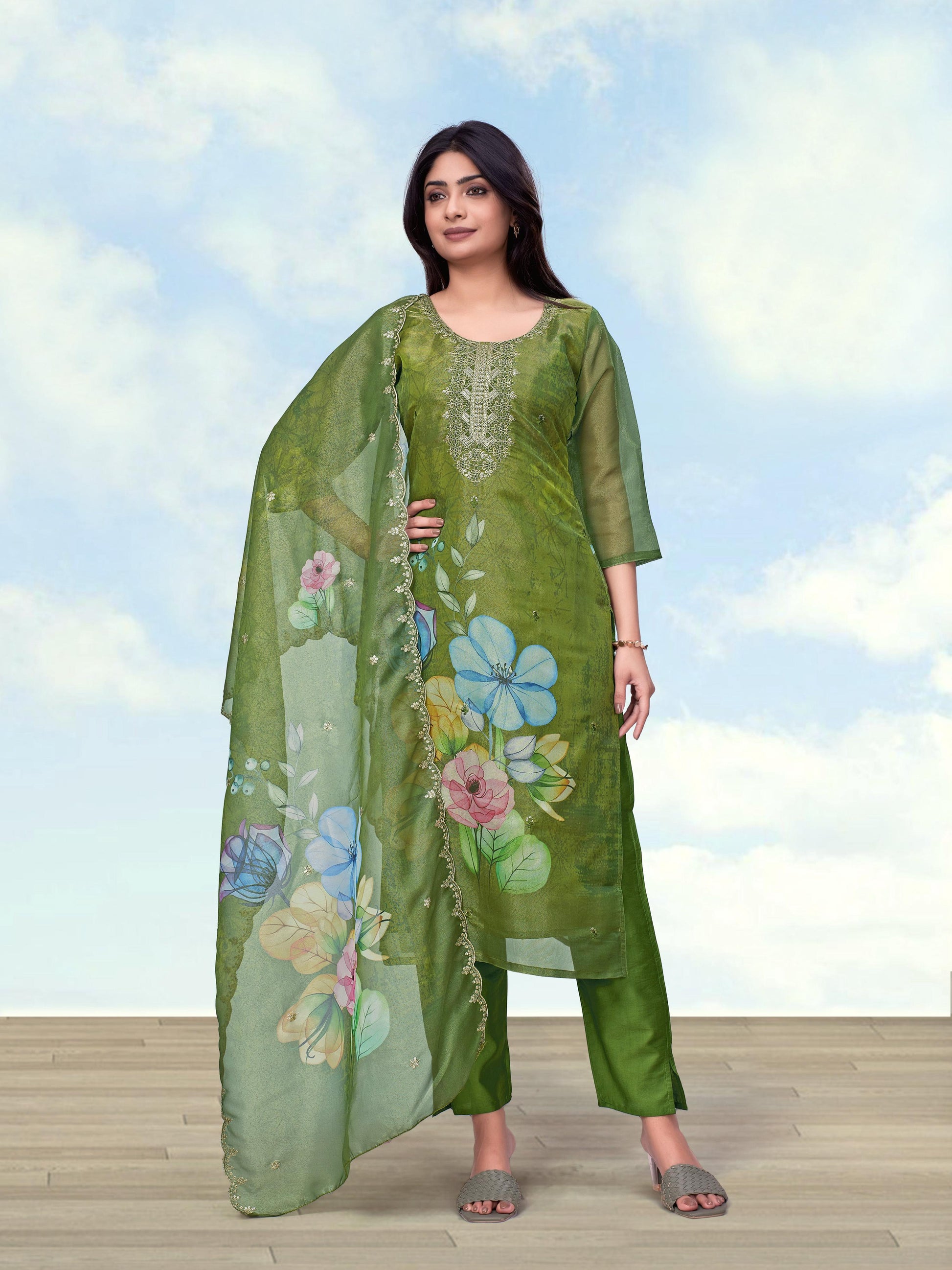 Monjolika Fashion Mehendi Green Simar Kurta Set With Floral Print