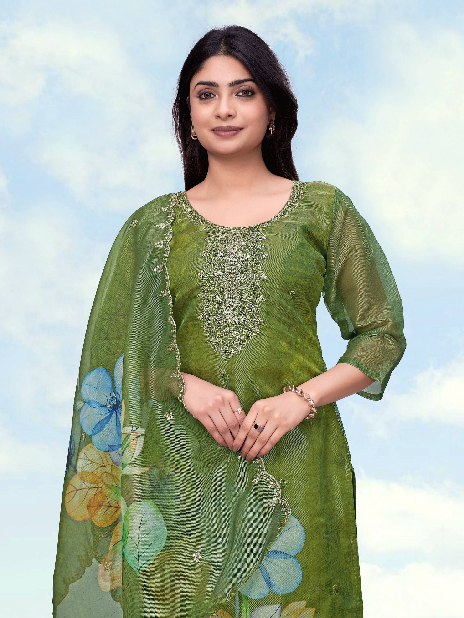 Monjolika Fashion Mehendi Green Simar Kurta Set With Floral Print