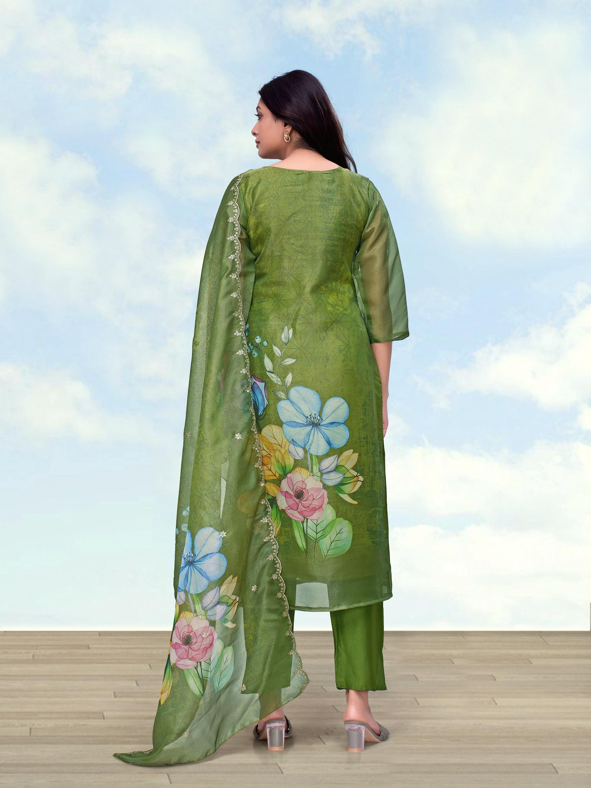 Monjolika Fashion Mehendi Green Simar Kurta Set With Floral Print