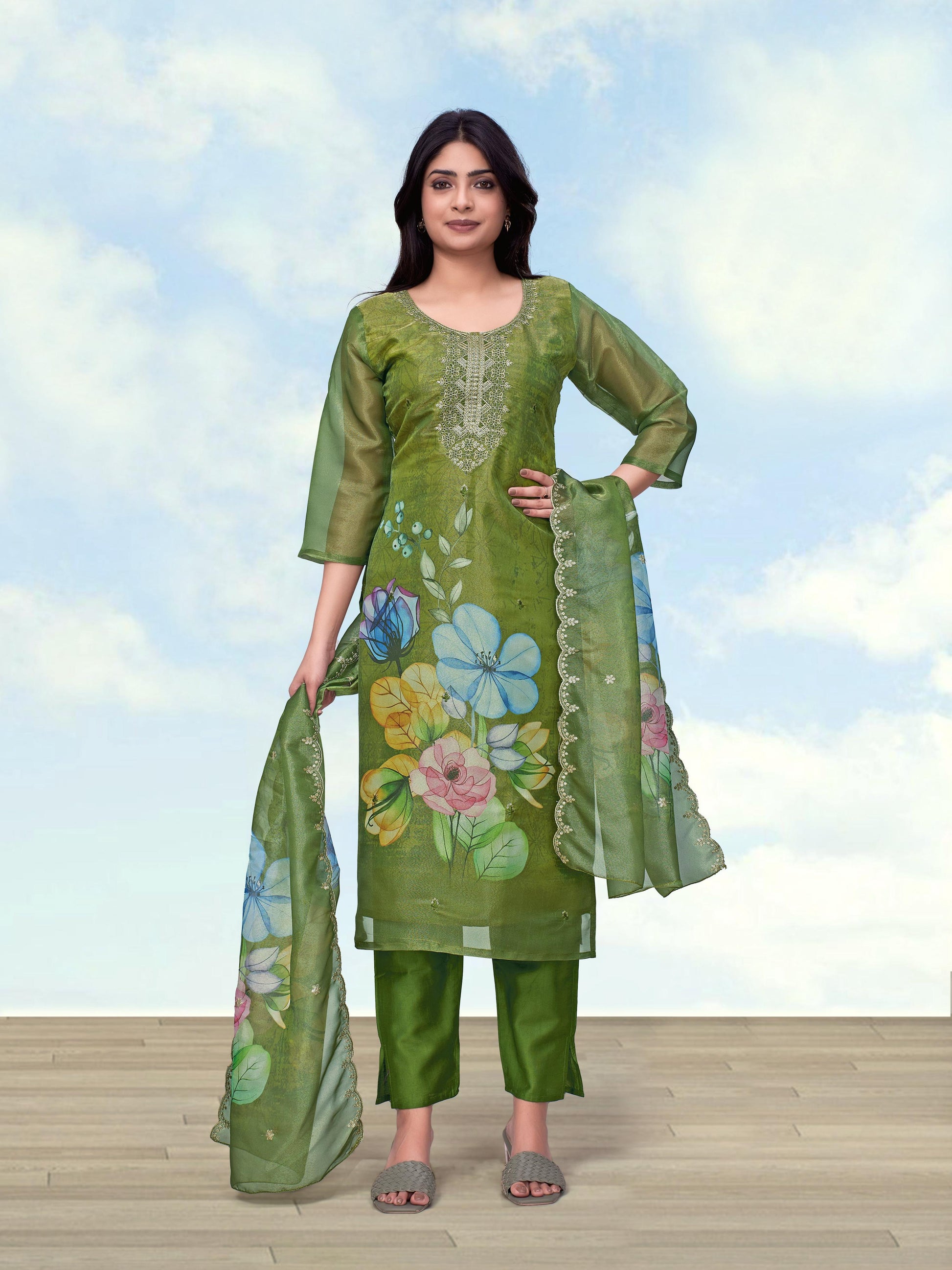 Monjolika Fashion Mehendi Green Simar Kurta Set With Floral Print