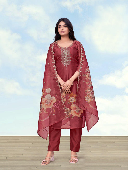 Monjolika Fashion Maroon Simar Kurta Set With Floral Print