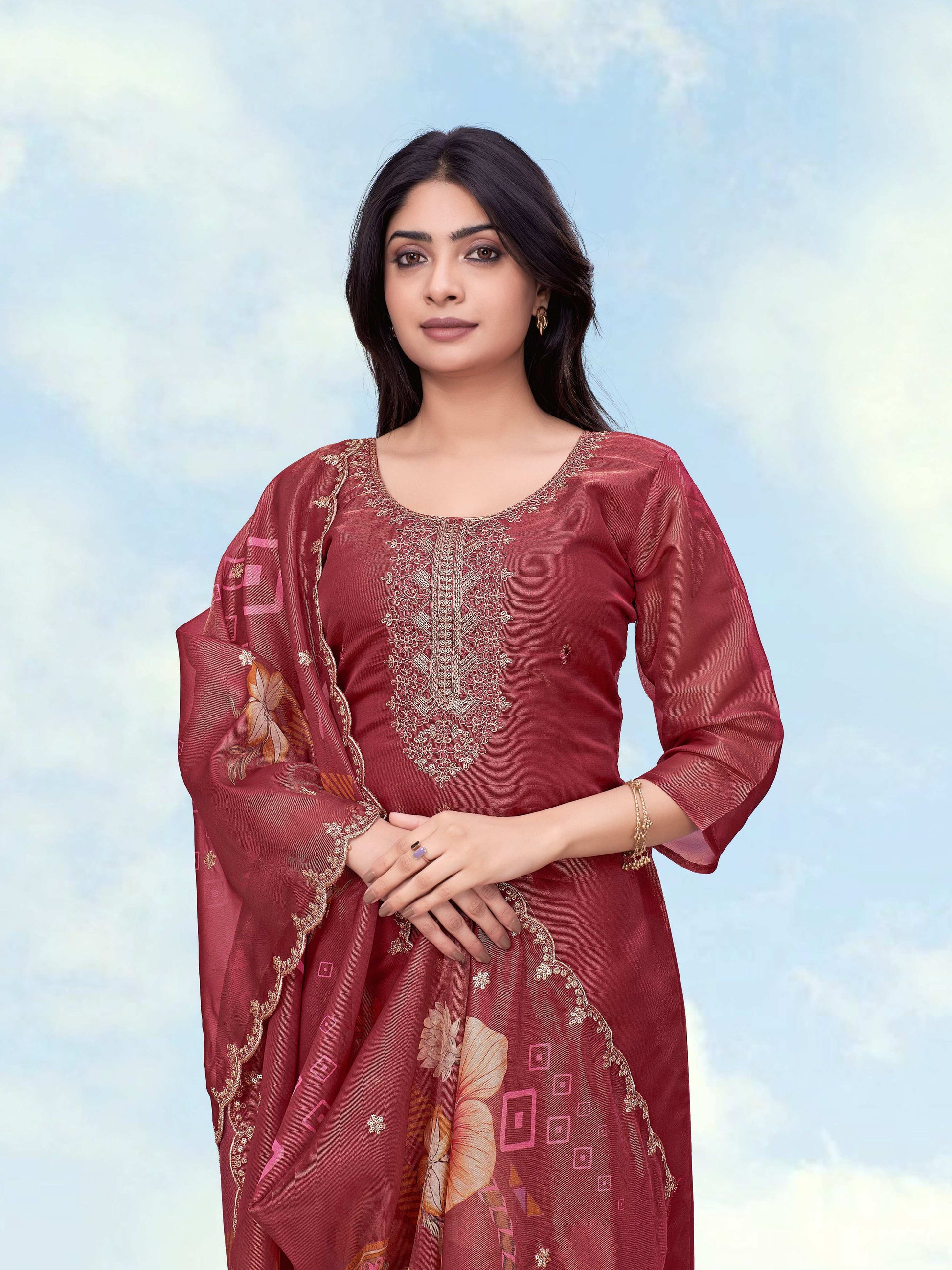 Monjolika Fashion Maroon Simar Kurta Set With Floral Print