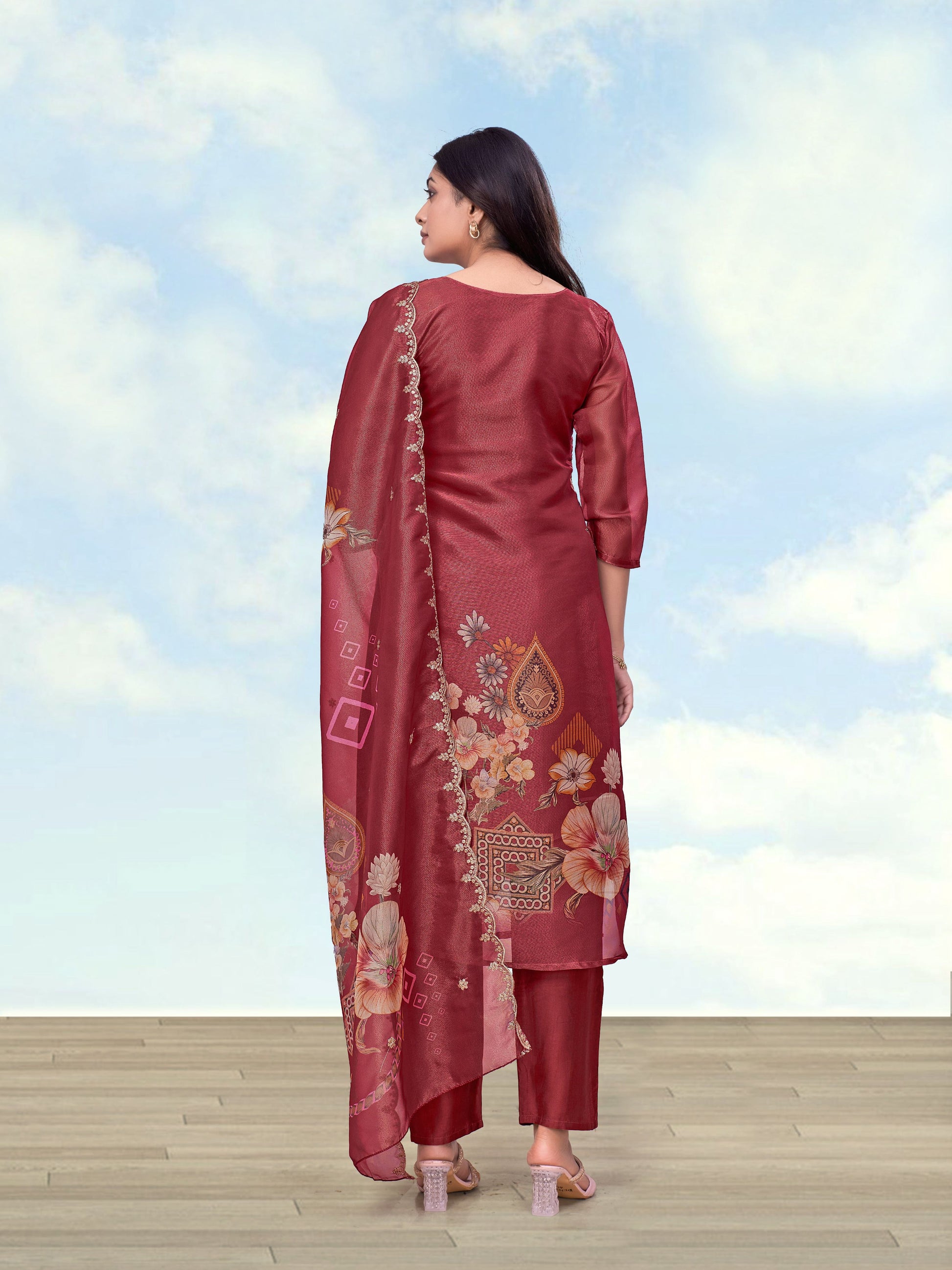 Monjolika Fashion Maroon Simar Kurta Set With Floral Print