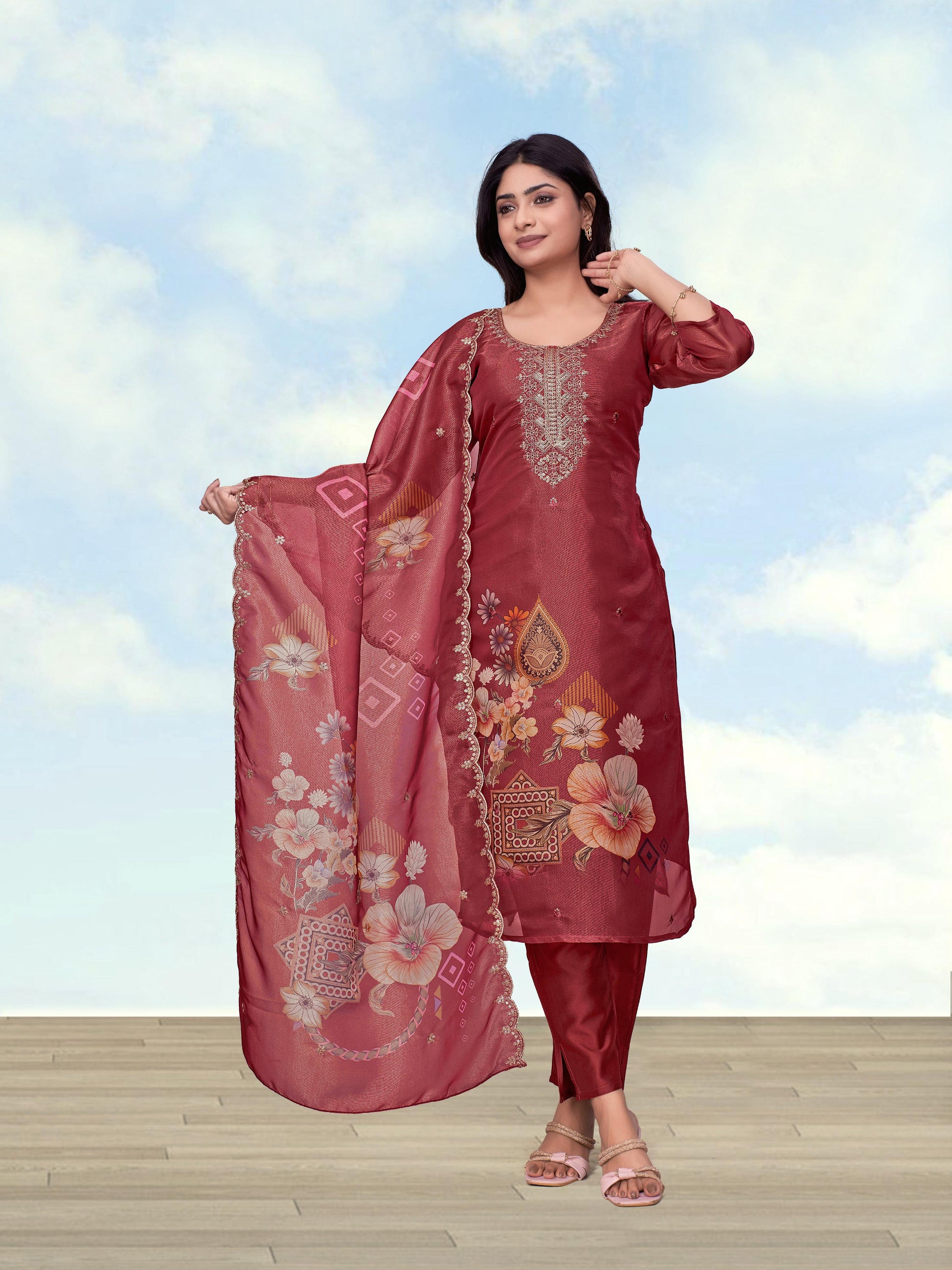 Monjolika Fashion Maroon Simar Kurta Set With Floral Print