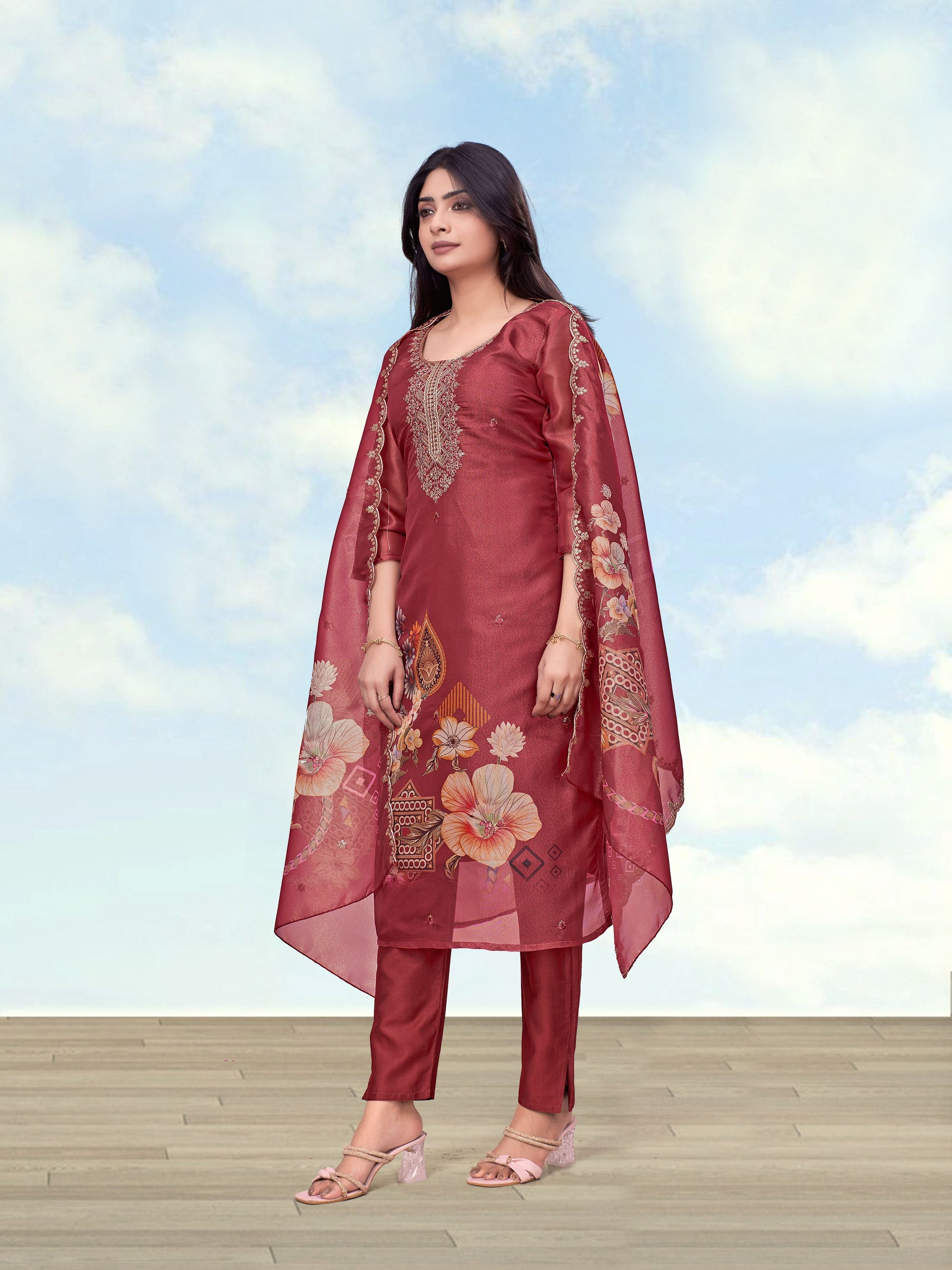 Monjolika Fashion Maroon Simar Kurta Set With Floral Print