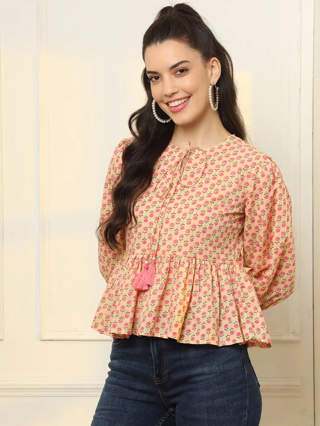 Yufta Cotton Yellow And Pink Floral Tie Up Top  Grab2Buy Yufta Grab2Buy