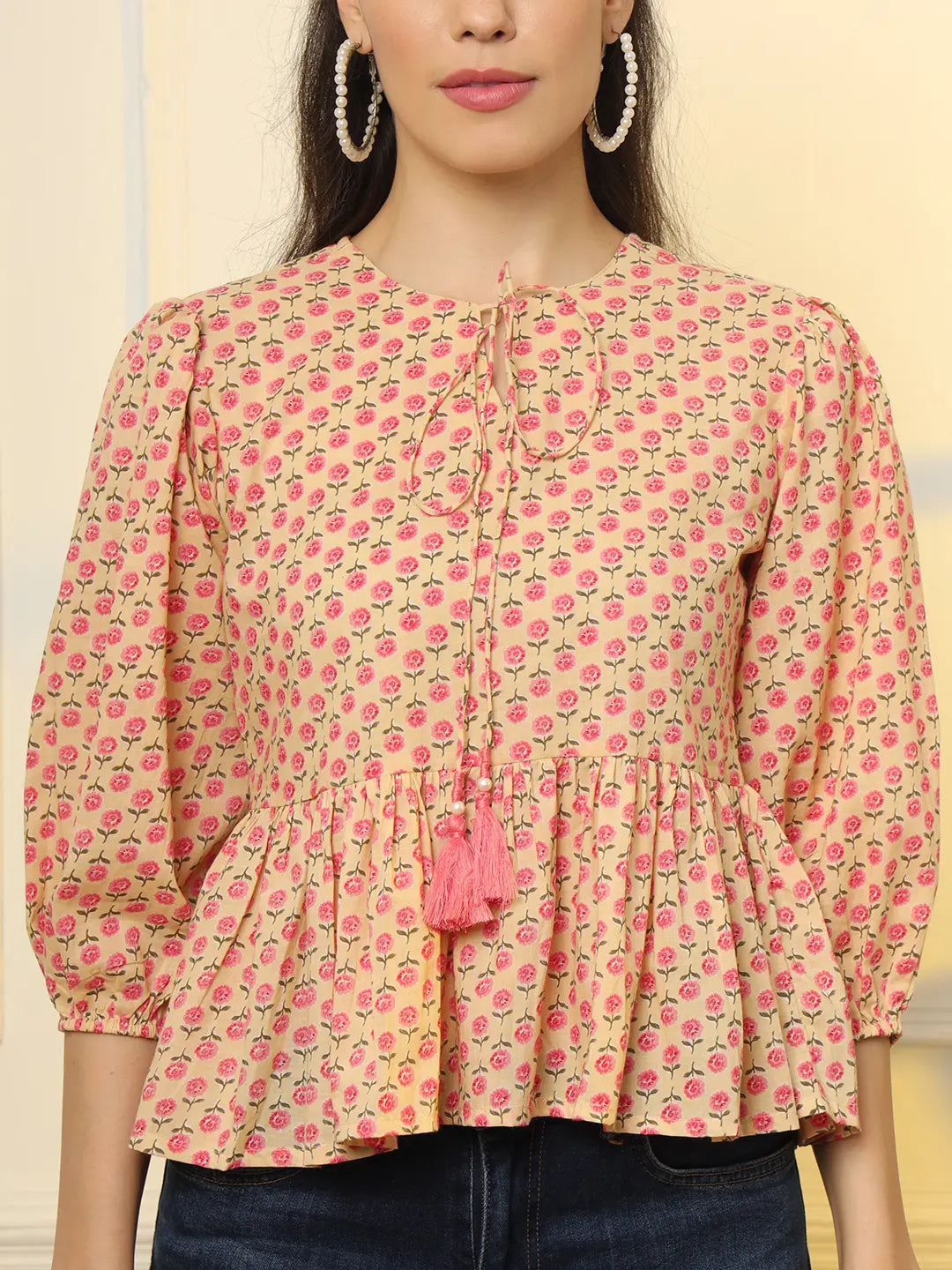 Yufta Cotton Yellow And Pink Floral Tie Up Top  Grab2Buy Yufta Grab2Buy