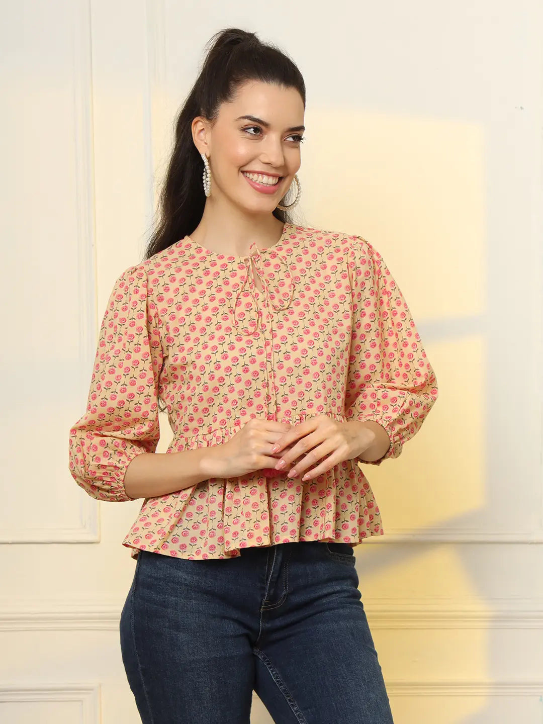 Yufta Cotton Yellow And Pink Floral Tie Up Top  Grab2Buy Yufta Grab2Buy