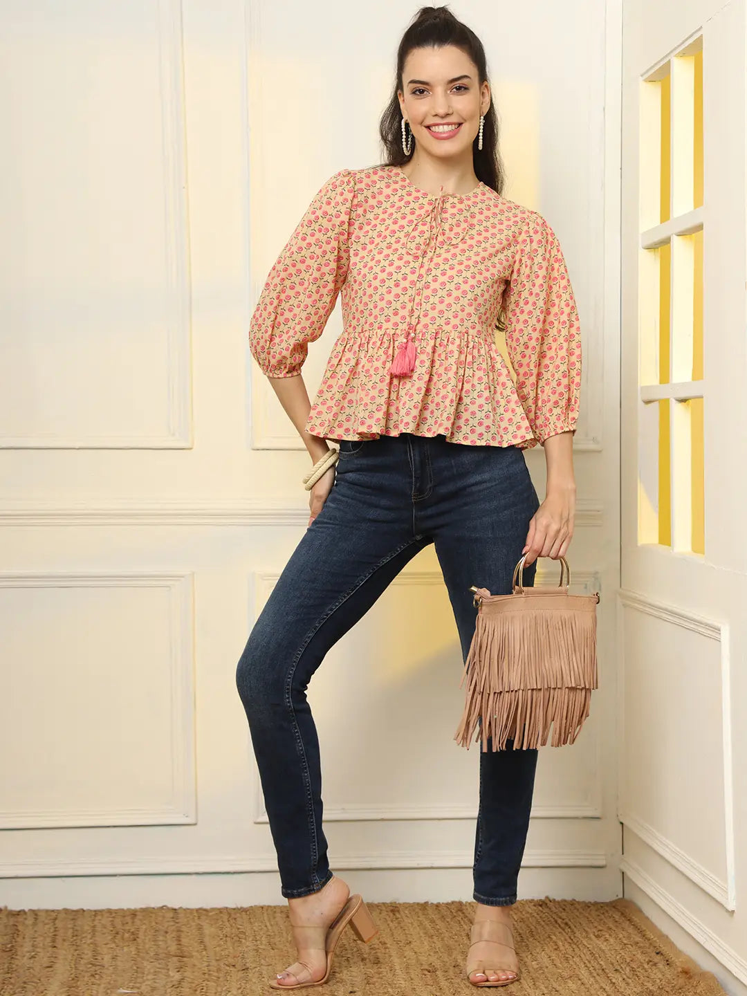 Yufta Cotton Yellow And Pink Floral Tie Up Top  Grab2Buy Yufta Grab2Buy