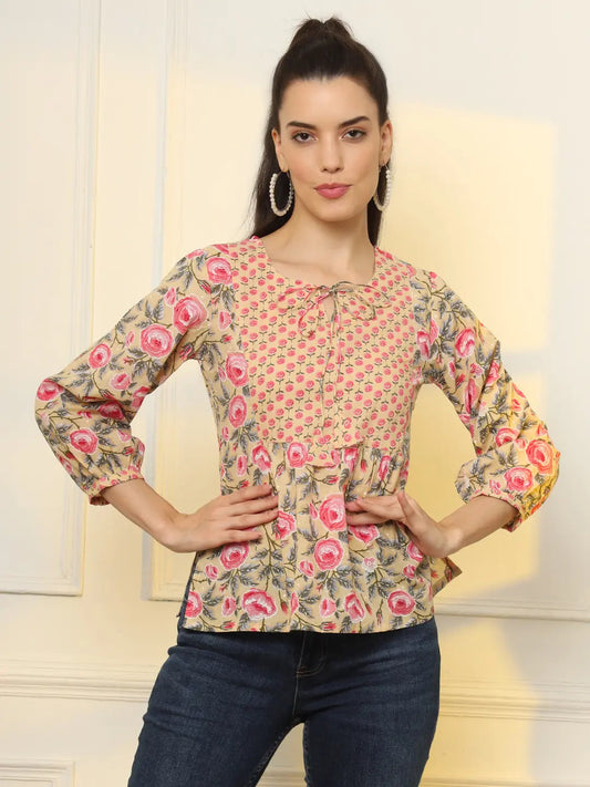 Yufta Cotton Yellow Floral Tie Up Top  Grab2Buy Yufta Grab2Buy