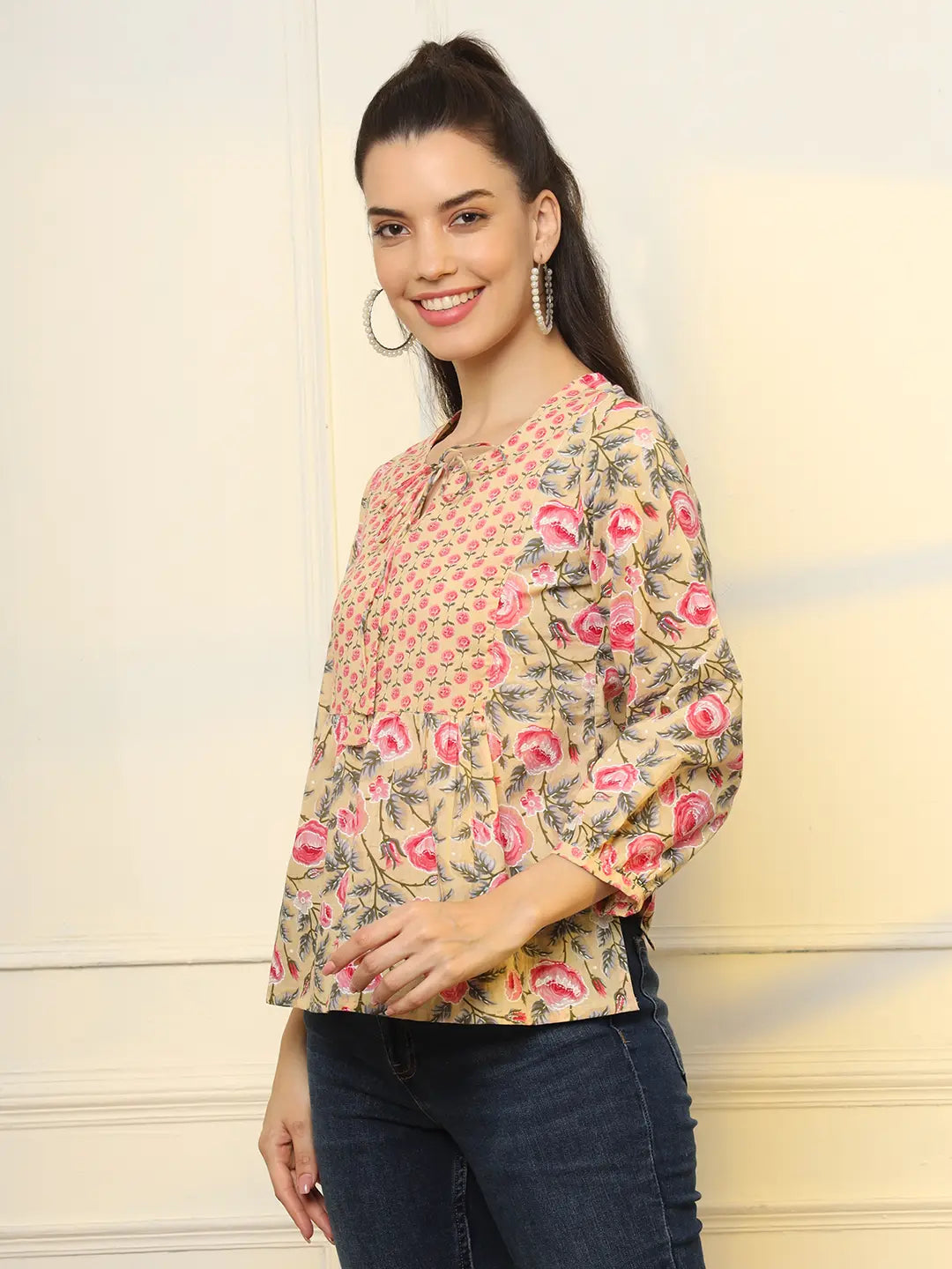 Yufta Cotton Yellow Floral Tie Up Top  Grab2Buy Yufta Grab2Buy