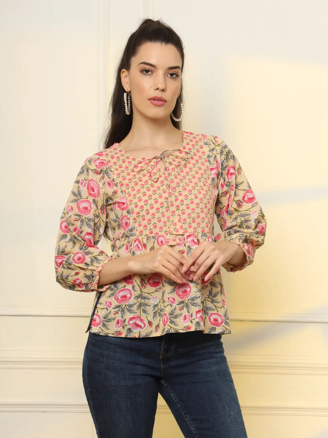 Yufta Cotton Yellow Floral Tie Up Top  Grab2Buy Yufta Grab2Buy