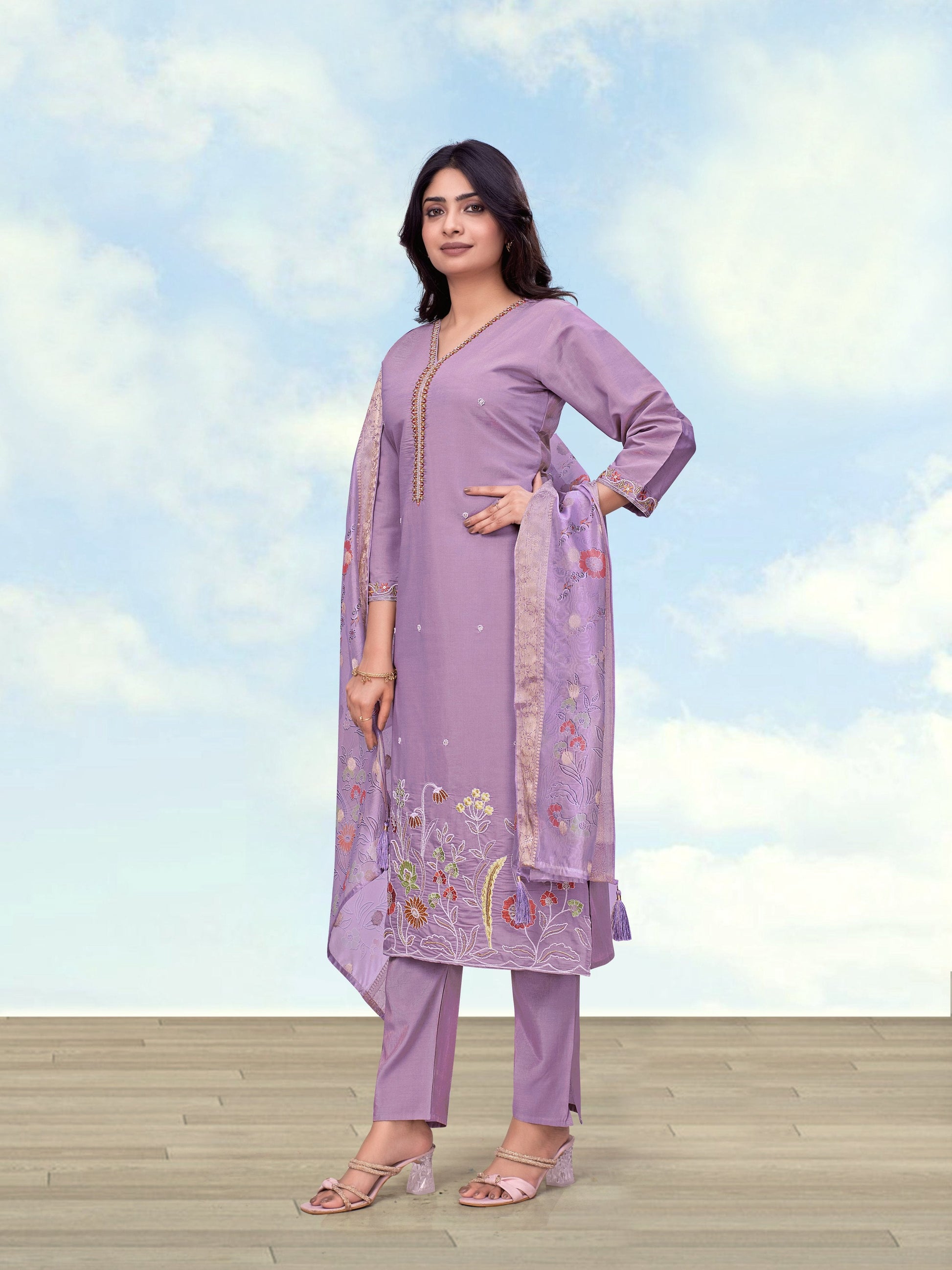 Monjolika Fashion Lavender Roman Simar Embroidered Kurta Set