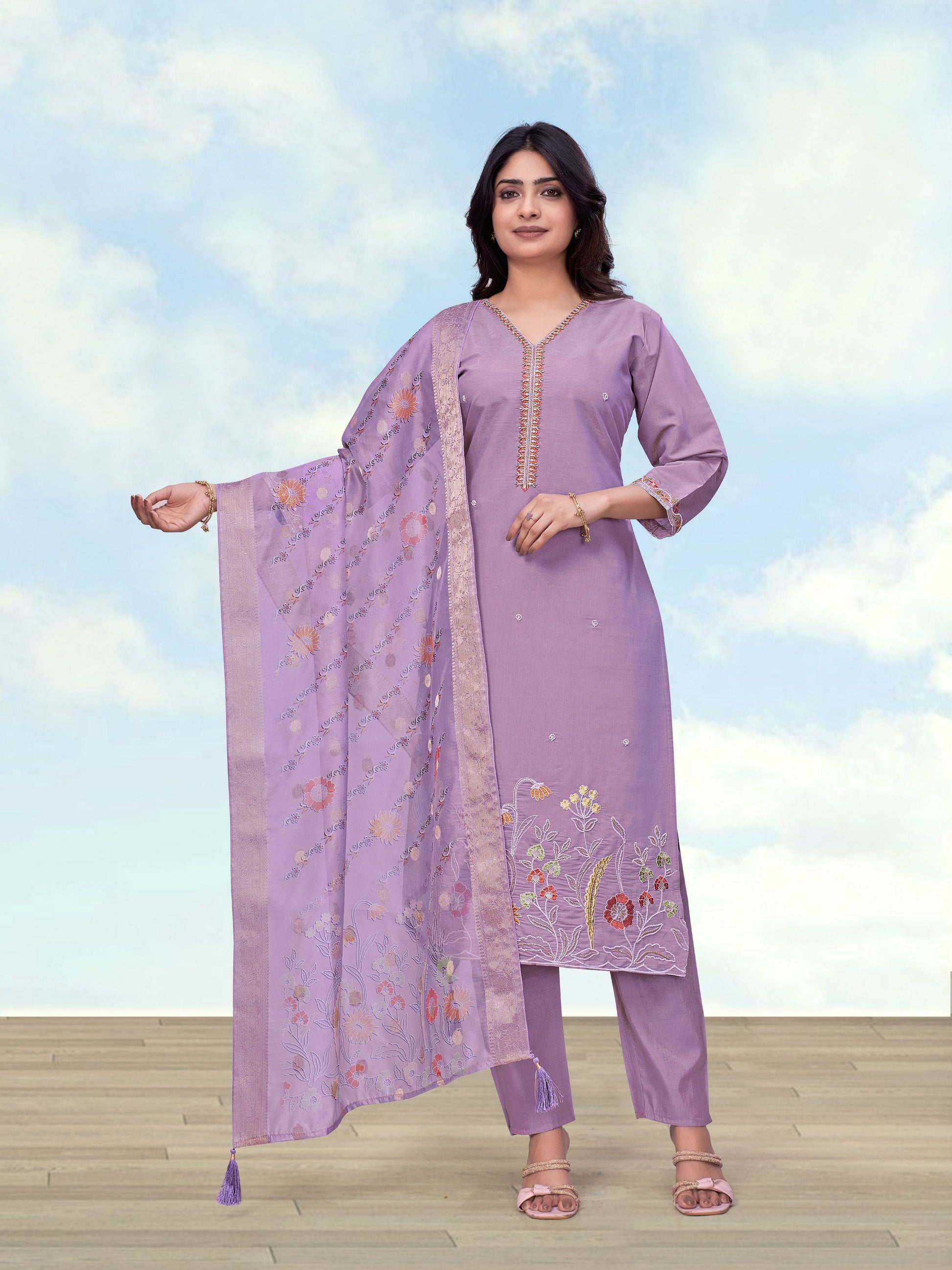 Monjolika Fashion Lavender Roman Simar Embroidered Kurta Set
