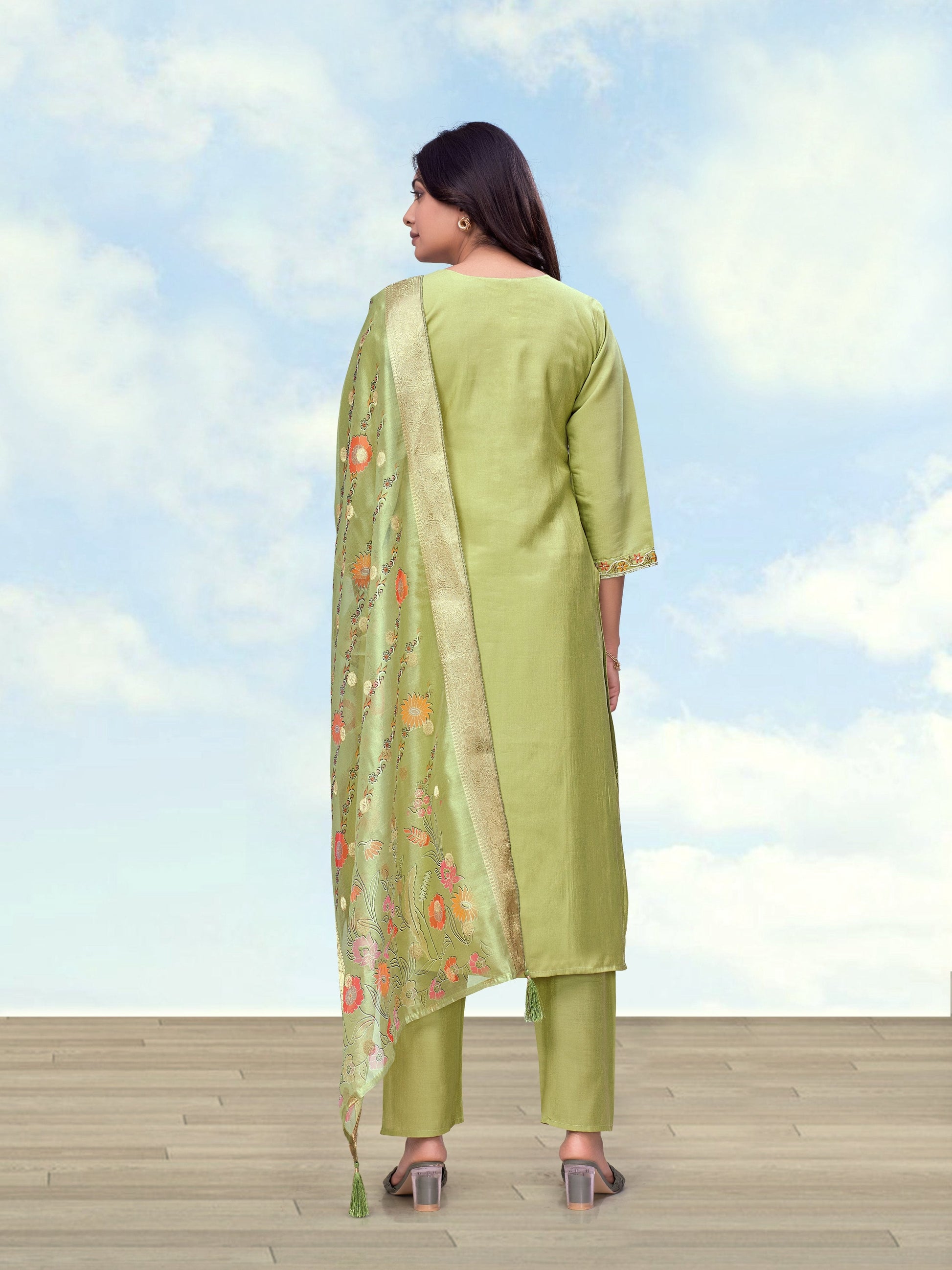 Monjolika Fashion Olive Roman Simar Embroidered Kurta Set