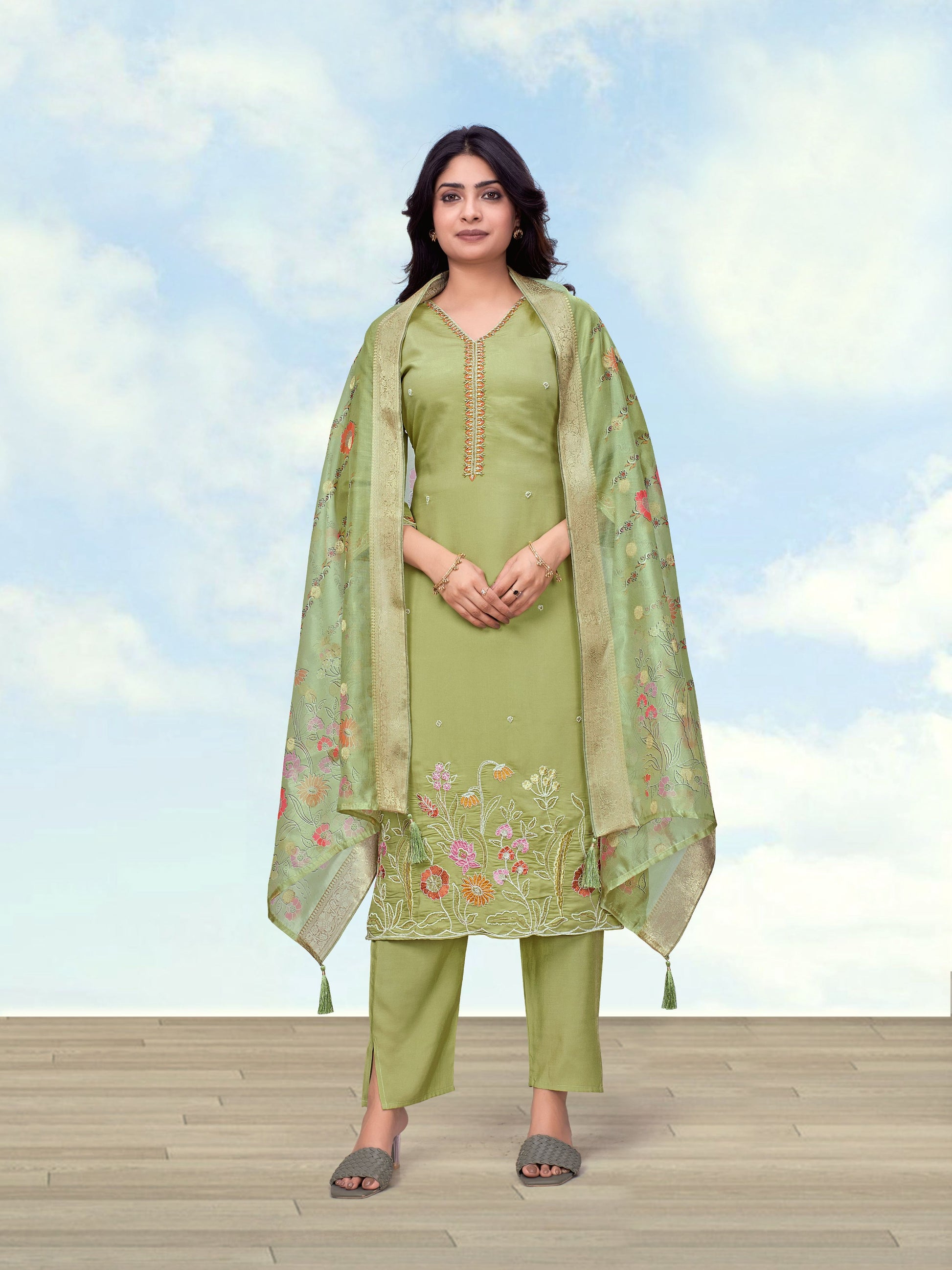 Monjolika Fashion Olive Roman Simar Embroidered Kurta Set