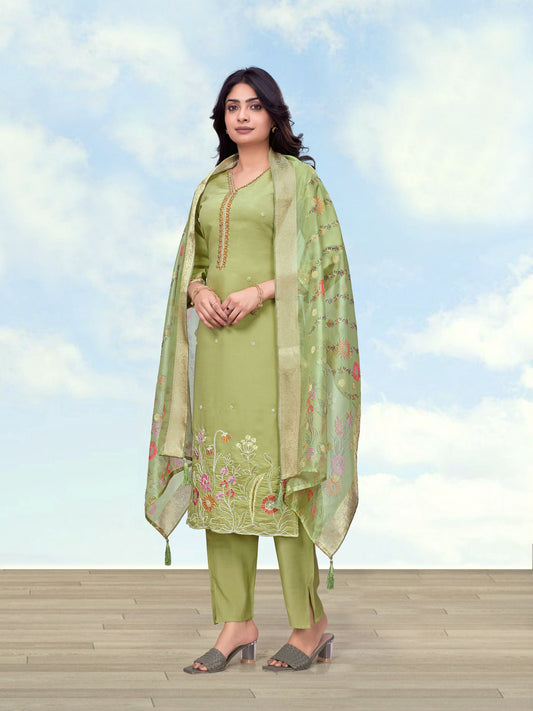 Monjolika Fashion Olive Roman Simar Embroidered Kurta Set