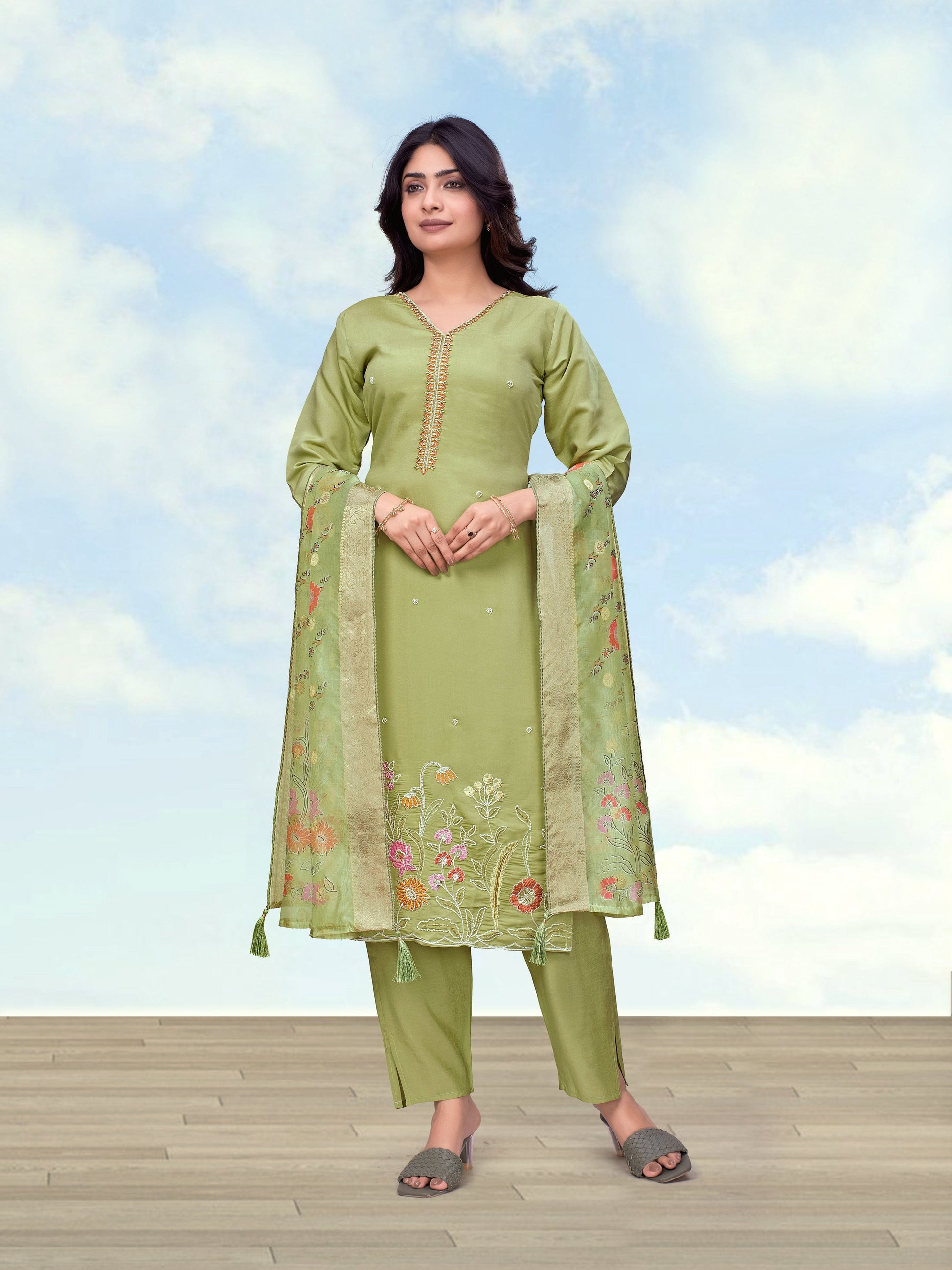 Monjolika Fashion Olive Roman Simar Embroidered Kurta Set