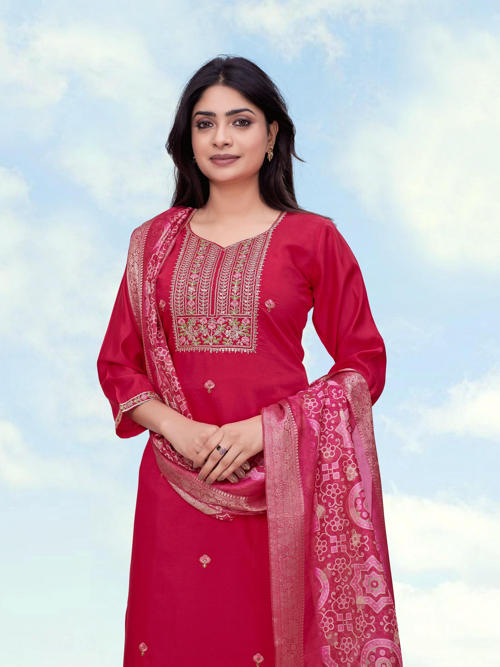 Monjolika Fashion Rani Pink Roman Simar Embroidered Work Kurta Suit