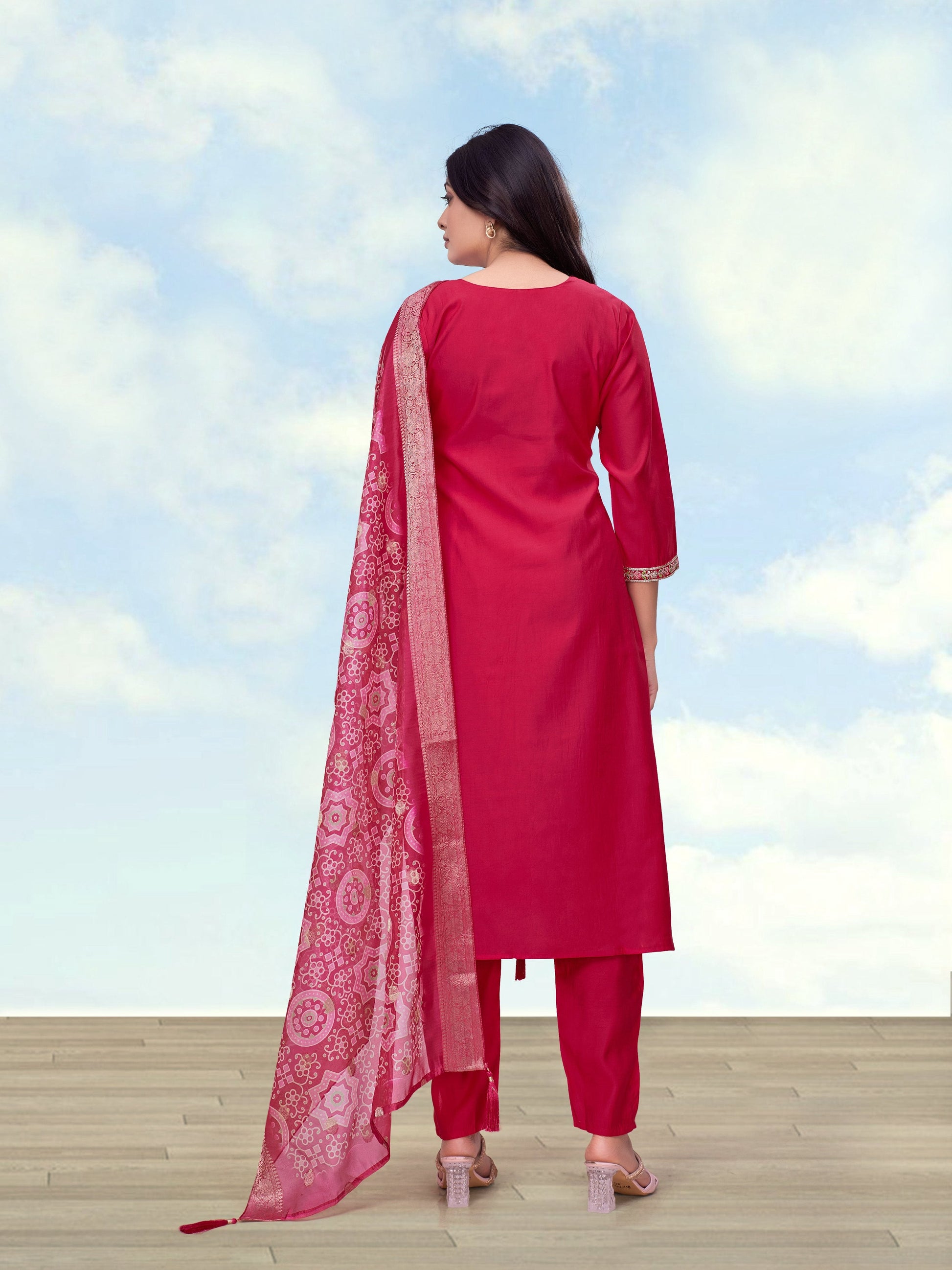 Monjolika Fashion Rani Pink Roman Simar Embroidered Work Kurta Suit