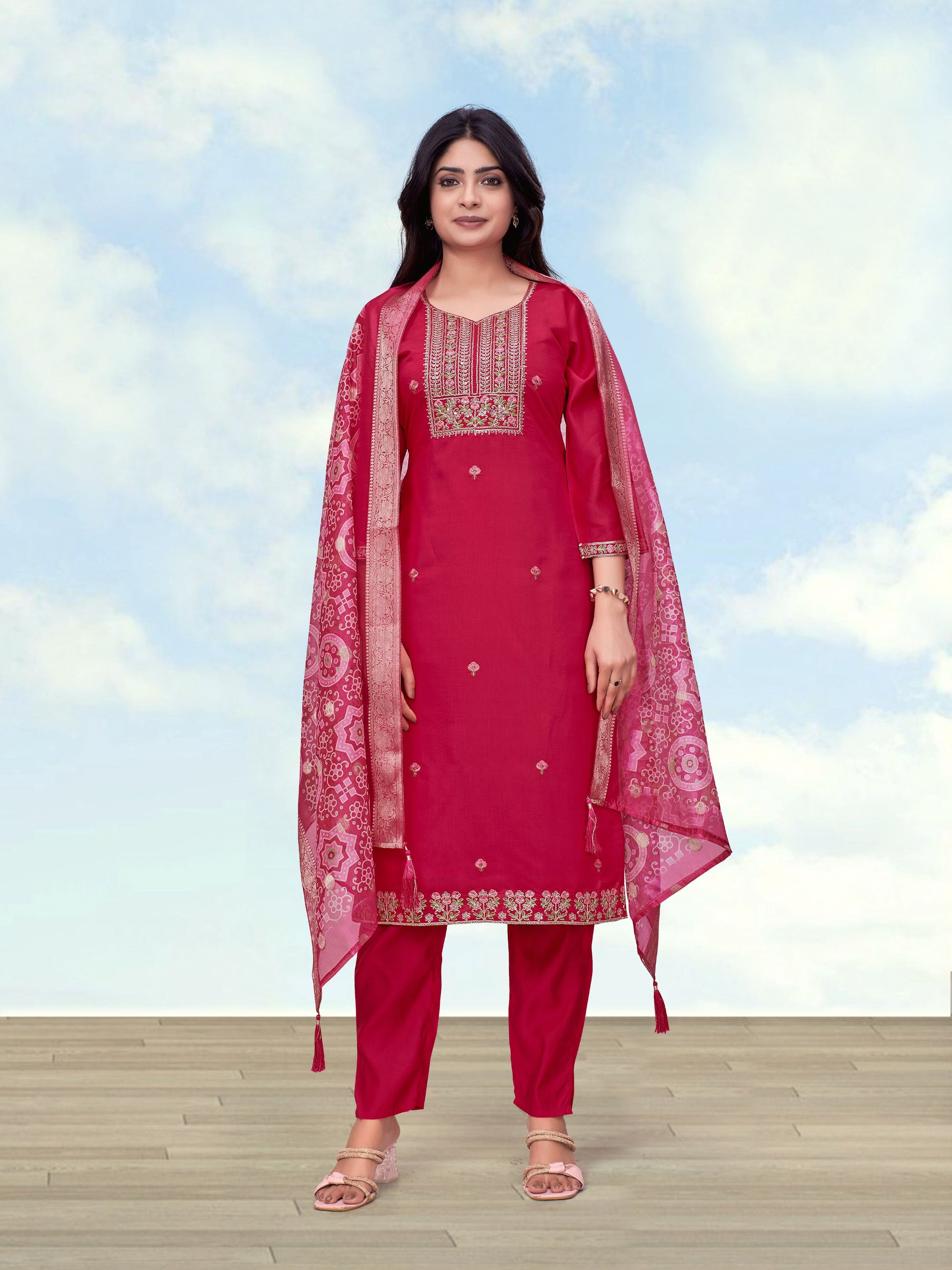Monjolika Fashion Rani Pink Roman Simar Embroidered Work Kurta Suit