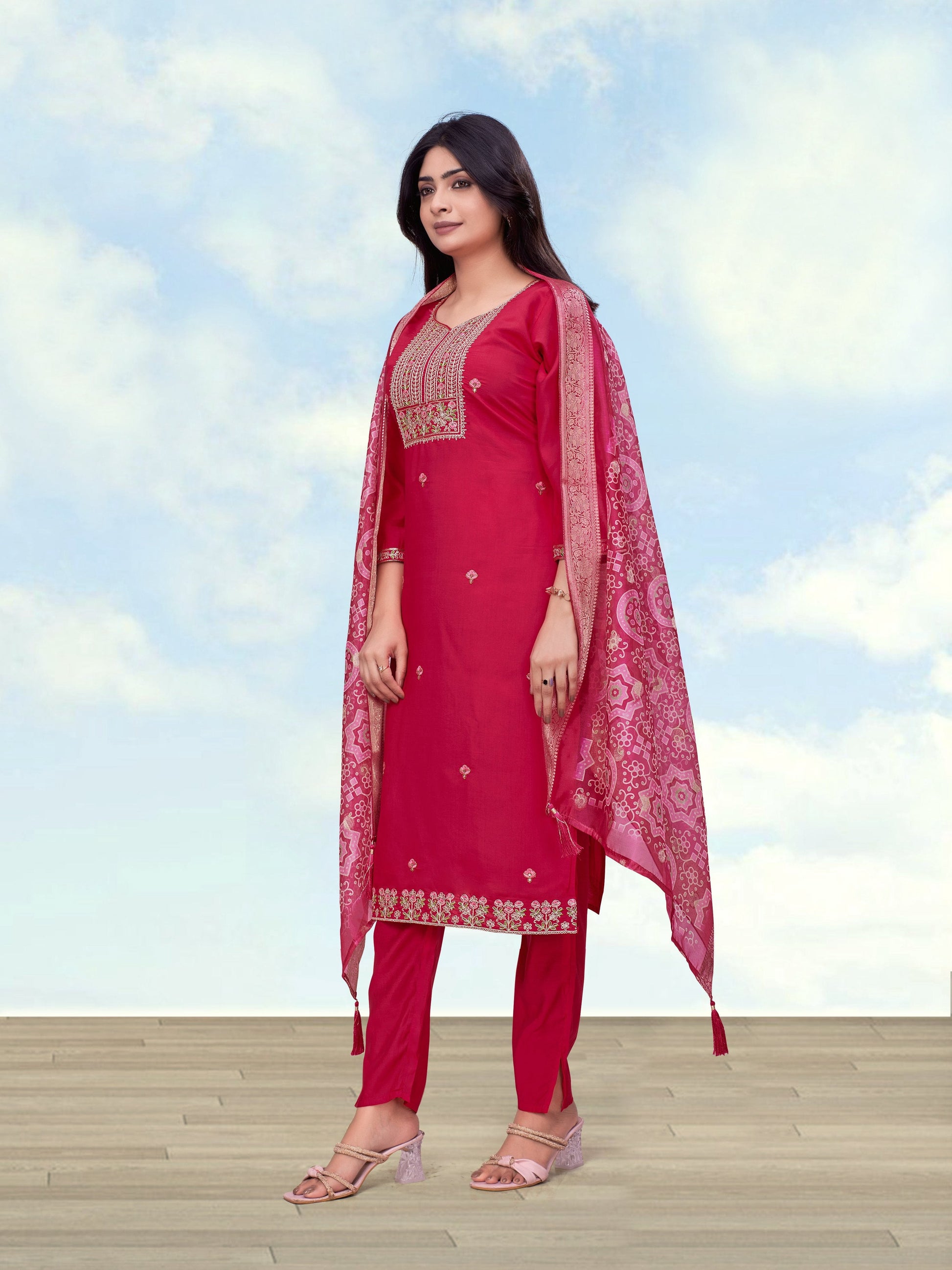 Monjolika Fashion Rani Pink Roman Simar Embroidered Work Kurta Suit