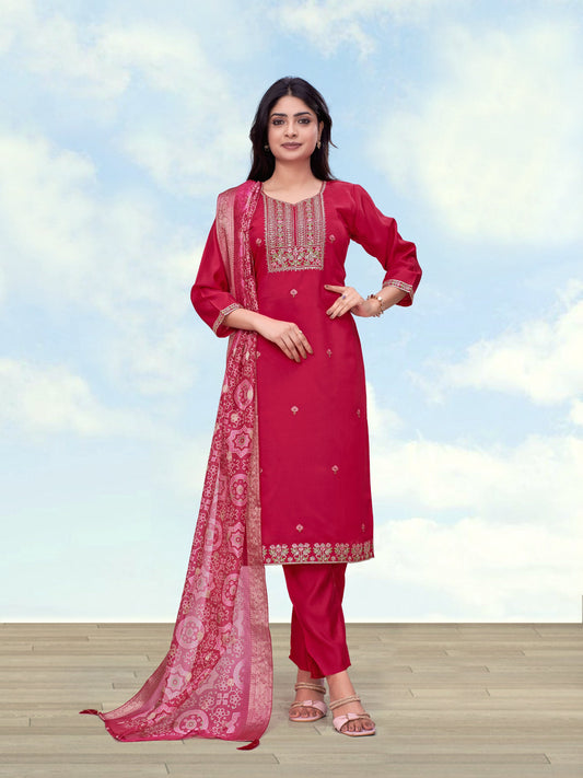 Monjolika Fashion Rani Pink Roman Simar Embroidered Work Kurta Suit