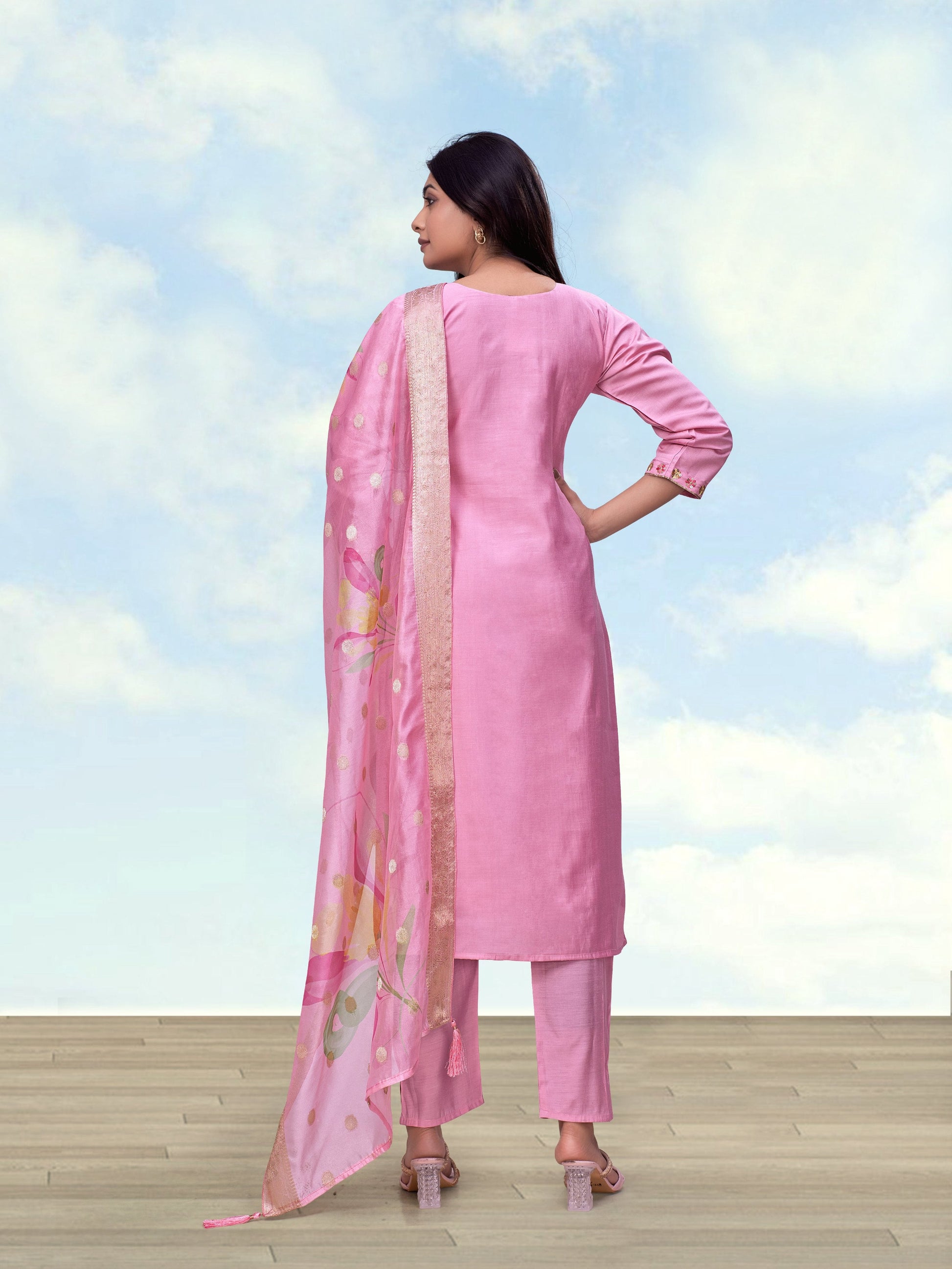 Monjolika Fashion Light Pink Roman Simar Embroidered Straight Suit