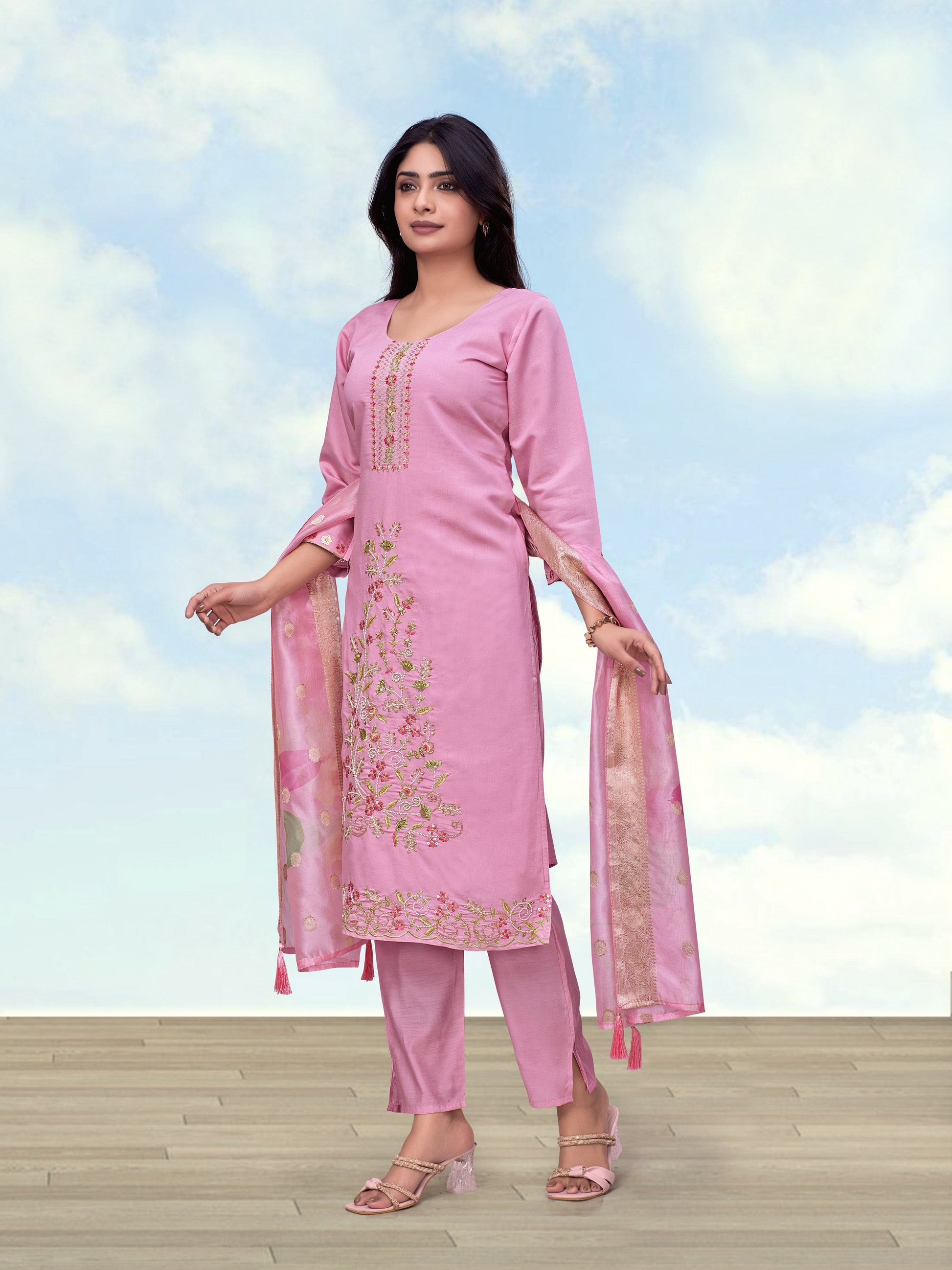 Monjolika Fashion Light Pink Roman Simar Embroidered Straight Suit