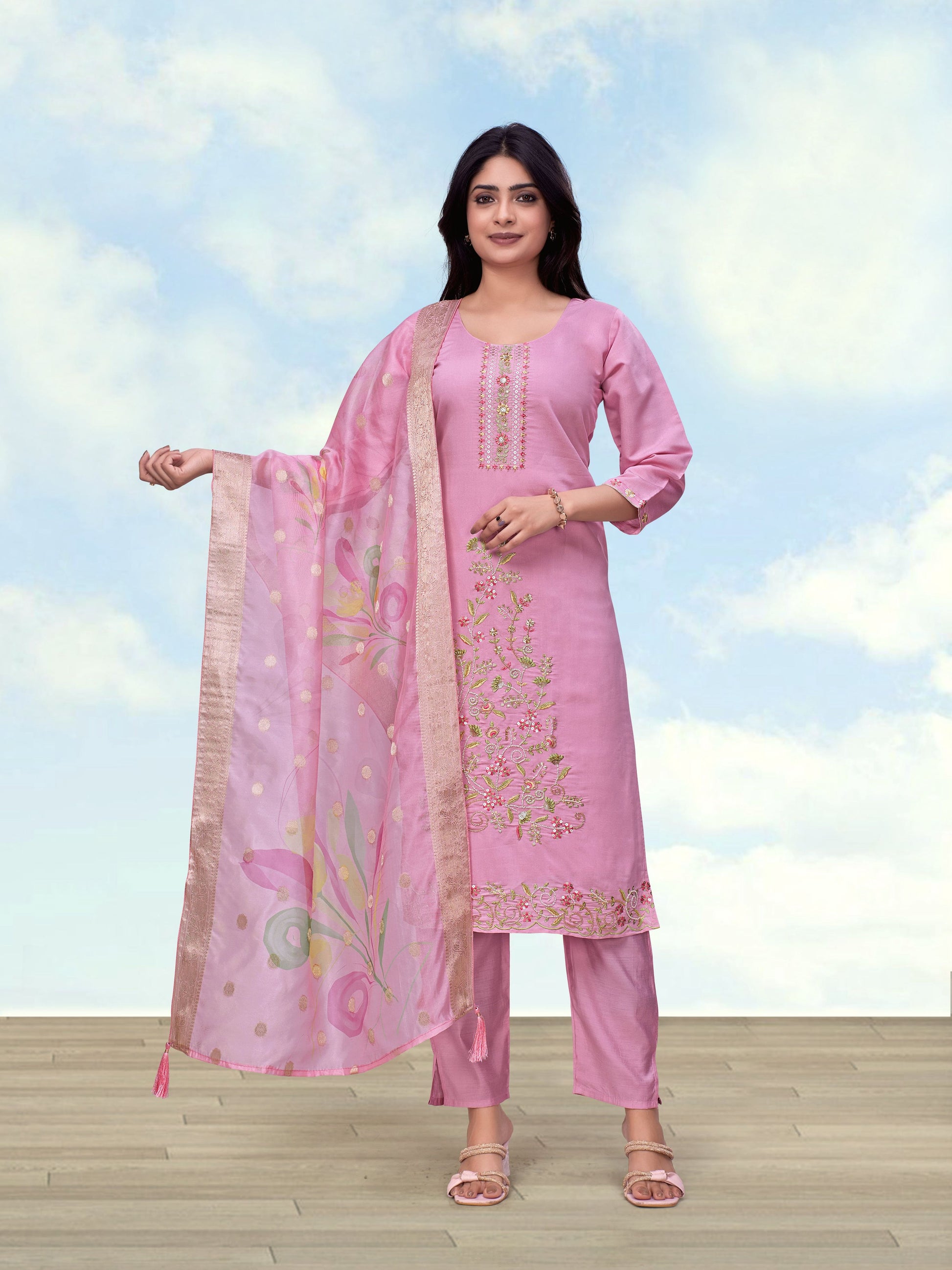Monjolika Fashion Light Pink Roman Simar Embroidered Straight Suit